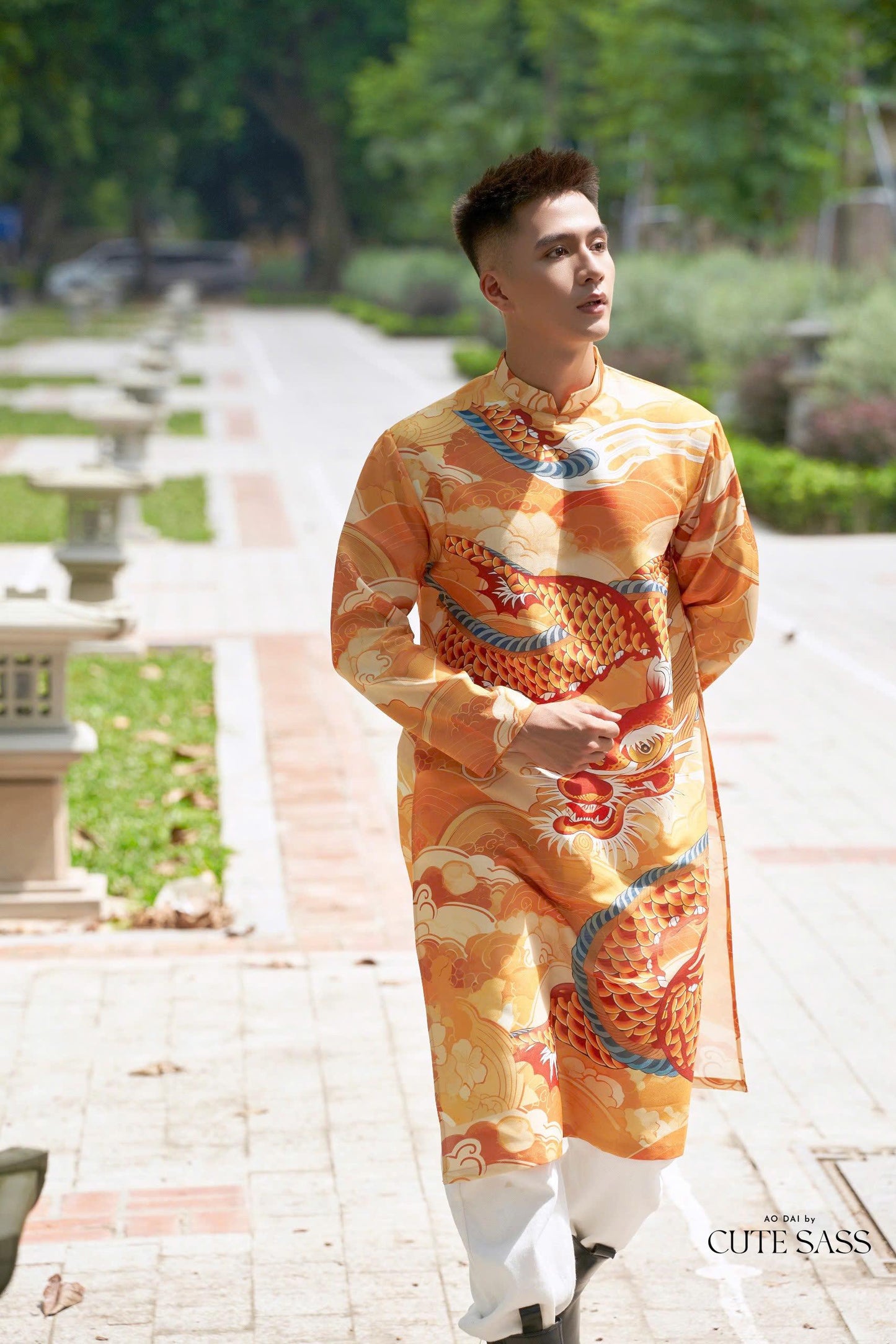 Men Orange Printed Dragon Ao Dai Top| Pre-made Traditional Vietnamese Ao Dai| Lunar New Year | Ao Dai for Dad, Boy | Ao Dai Tet|