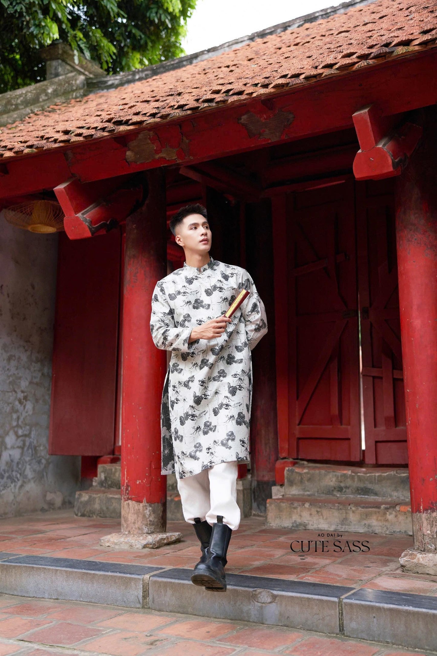 Men Black/White Pennywort Gam Ao Dai Top | Pre-made Traditional Vietnamese Ao Dai| Lunar New Year | Ao Dai for Dad, Boy|Ao Dai Tet|