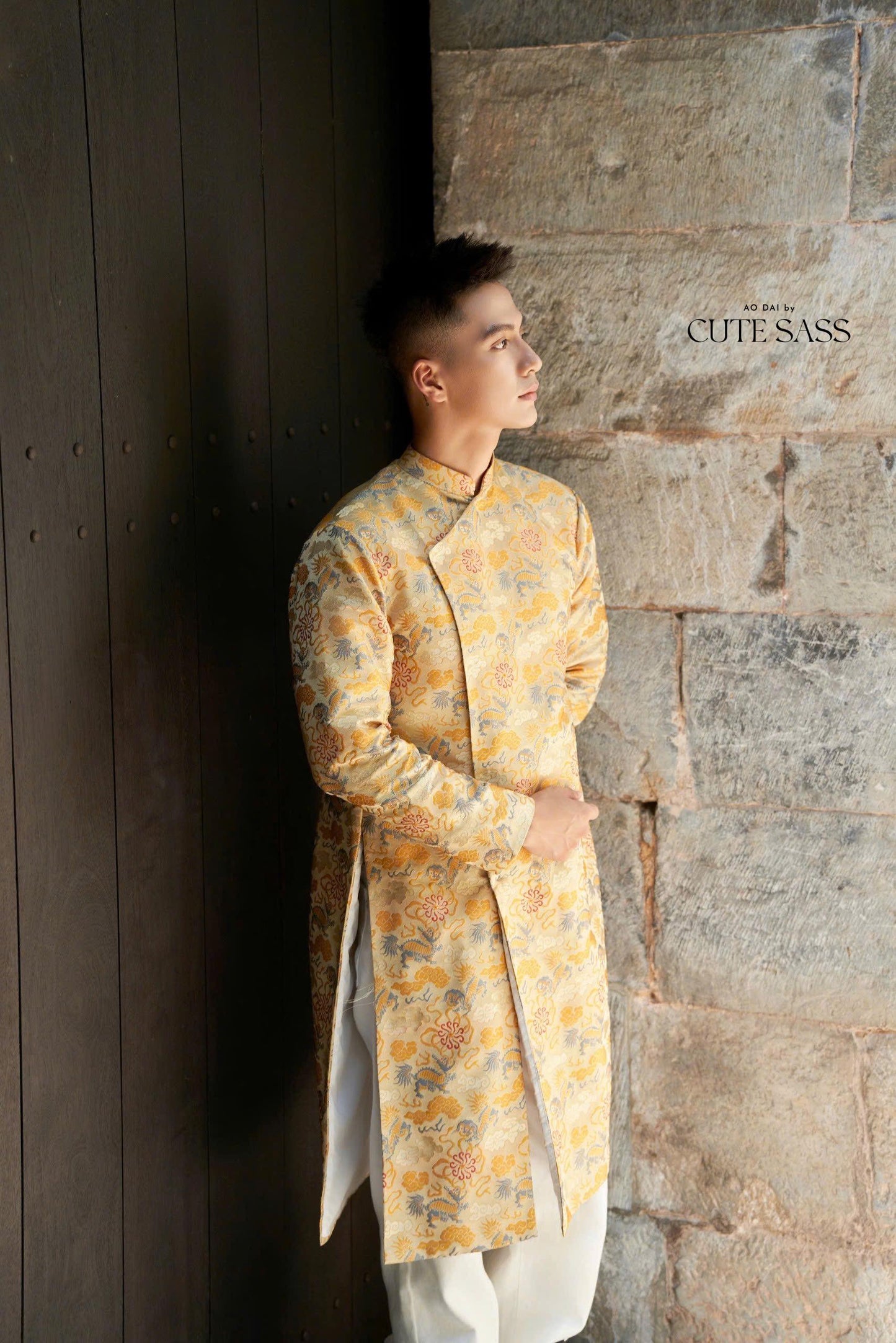 Men Gold Dragon Clouds 3D Gam Ao Dai Top| Pre-made Traditional Vietnamese Ao Dai| Lunar New Year | Ao Dai for Dad, Boy | Ao Dai Tet|
