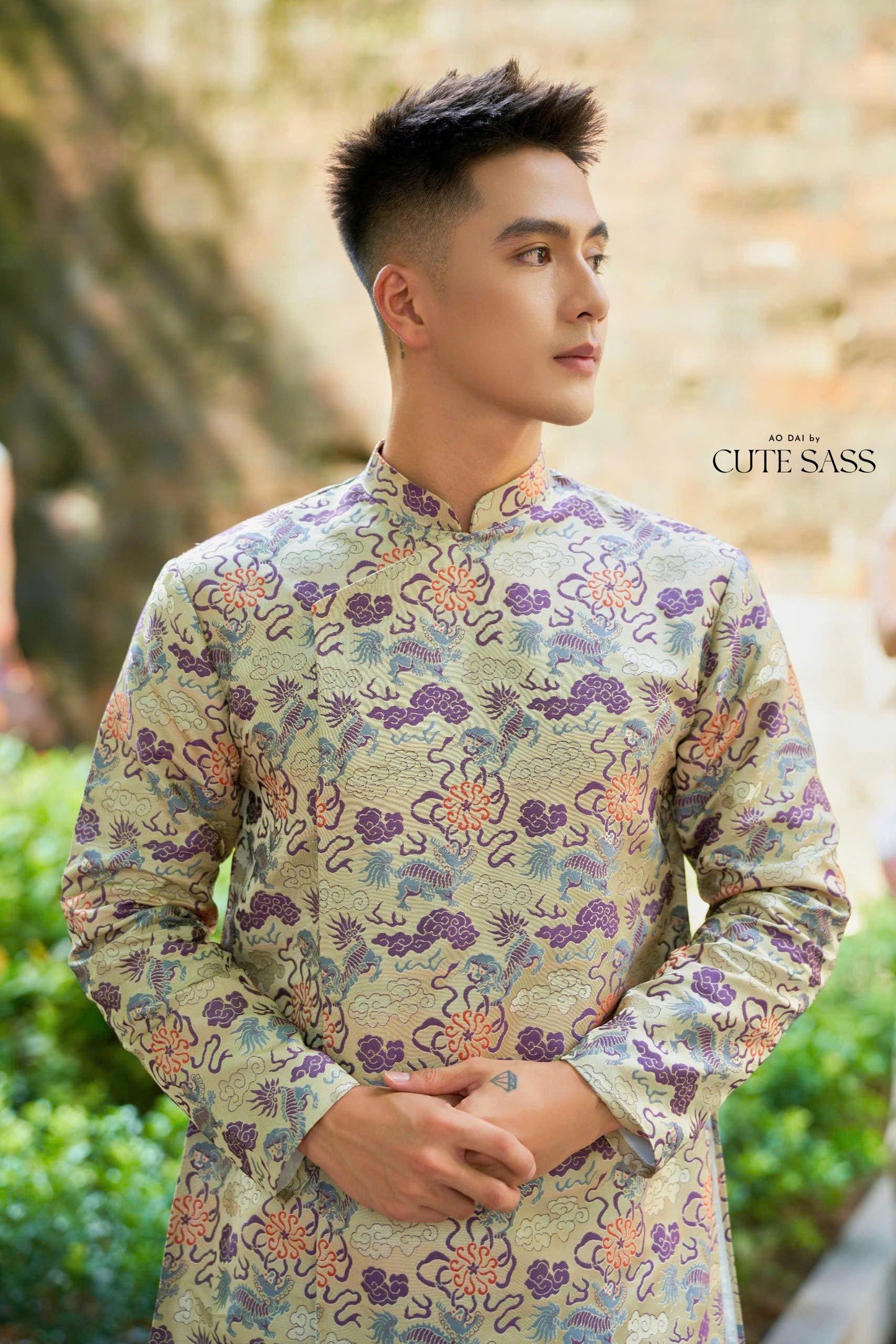 Men Purple Dragon Clouds 3D Gam Ao Dai Top| Pre-made Traditional Vietnamese Ao Dai| Lunar New Year | Ao Dai for Dad, Boy | Ao Dai Tet|