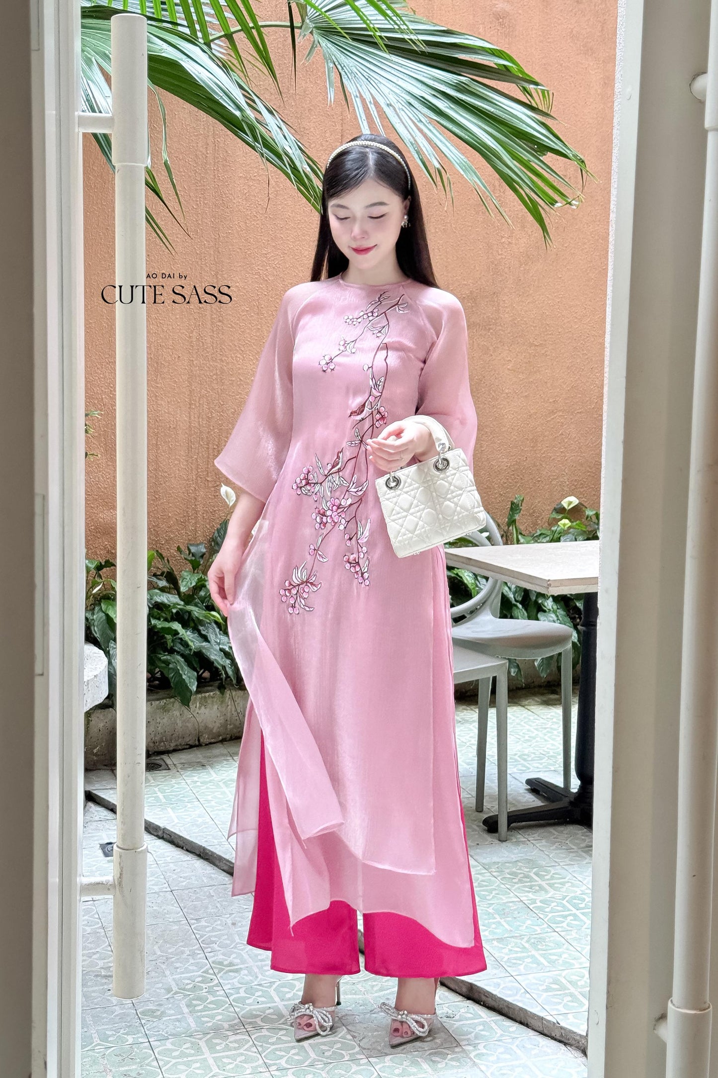 Pink Holly Embroidery Chiffon Ao Dai Set | Pre-made Traditional Vietnamese Ao Dai|Ao Dai with Pants|Lunar New Year Ao Dai|