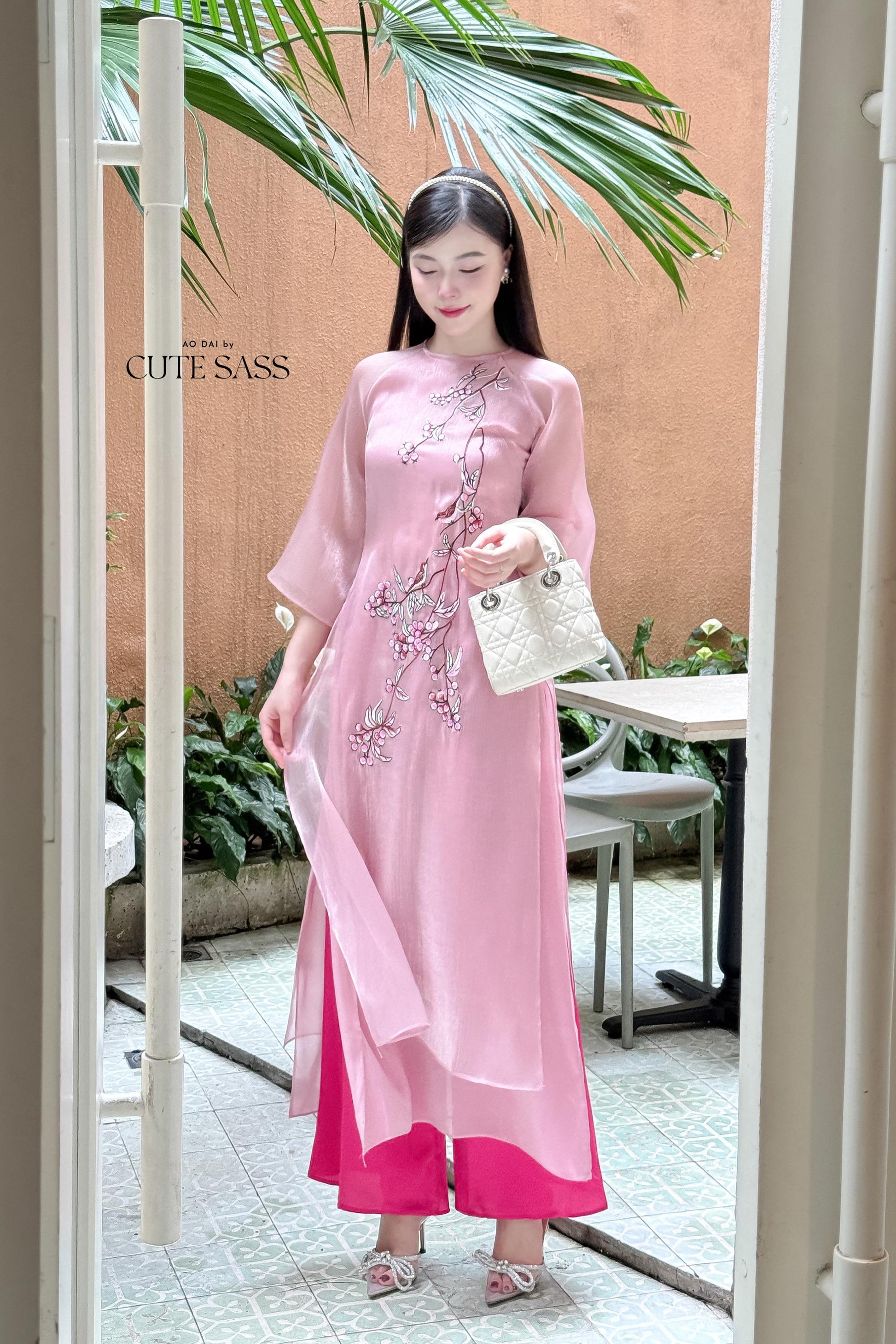 Pink Holly Embroidery Chiffon Ao Dai Set | Pre-made Traditional Vietnamese Ao Dai|Ao Dai with Pants|Lunar New Year Ao Dai|
