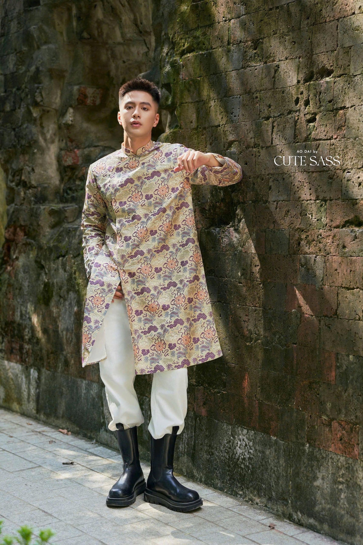 Men Purple Dragon Clouds 3D Gam Ao Dai Top| Pre-made Traditional Vietnamese Ao Dai| Lunar New Year | Ao Dai for Dad, Boy | Ao Dai Tet|