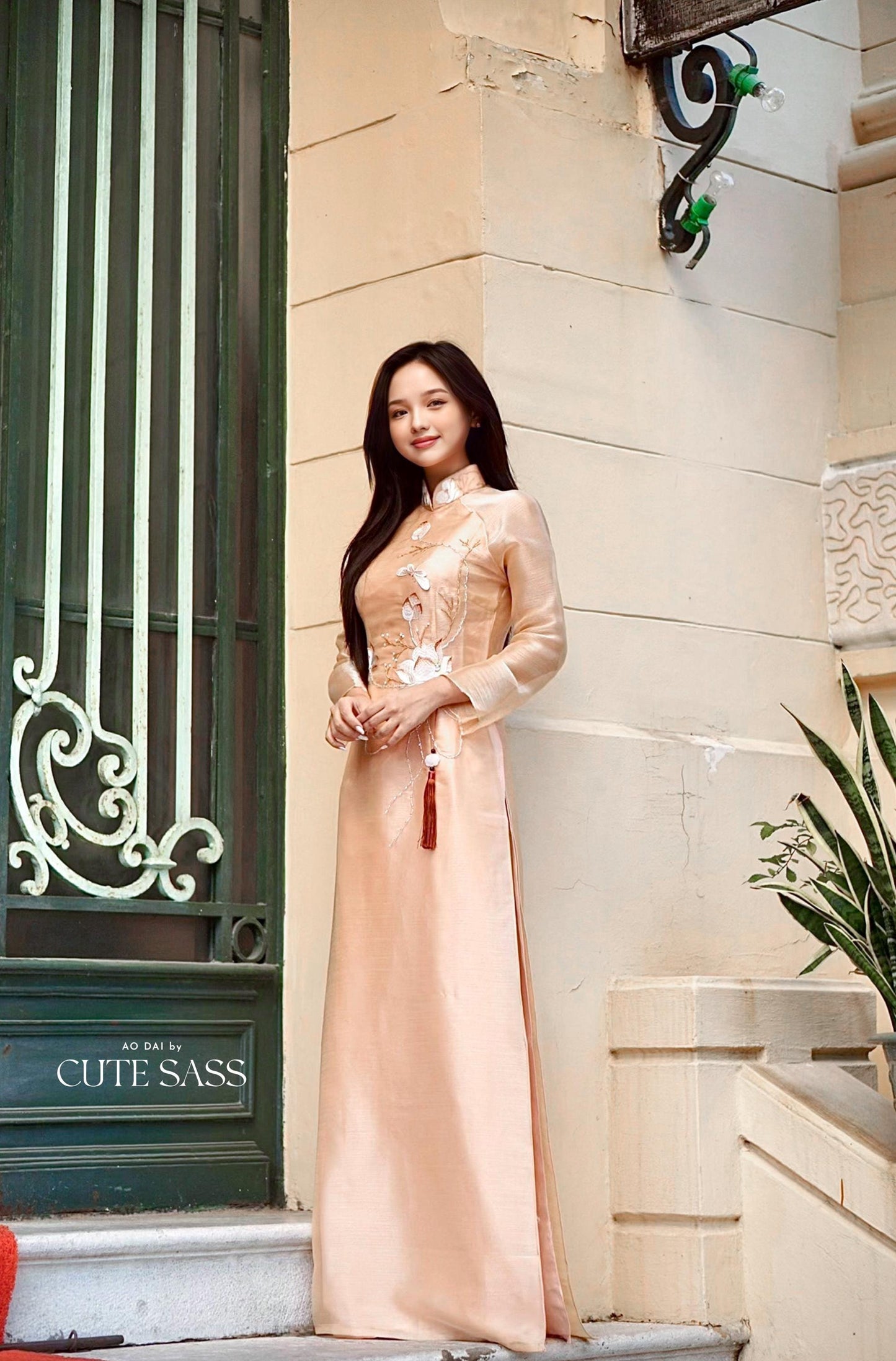 Beige Embroidery Lotus Shiny Chiffon Ao Dai Set