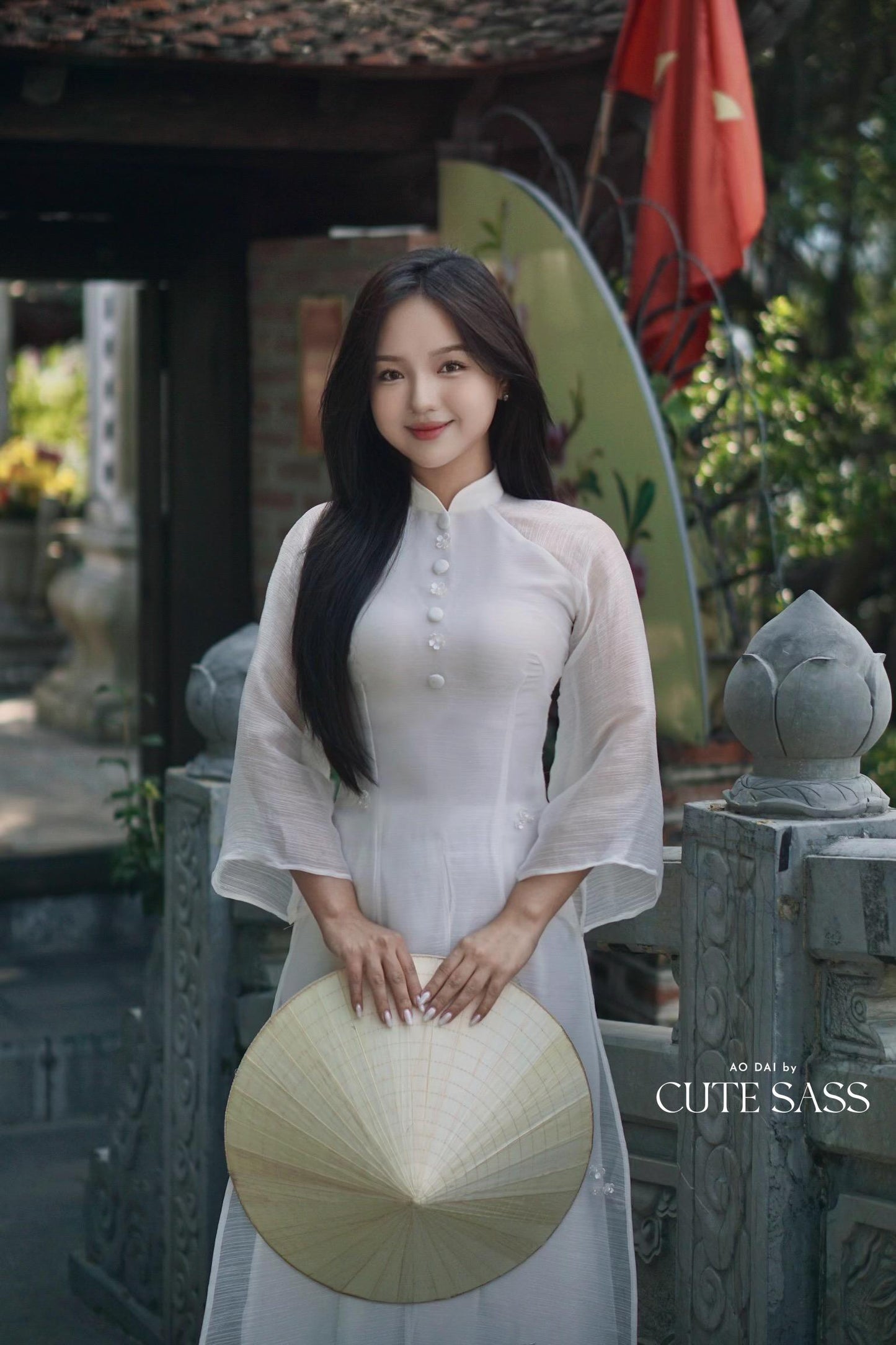 White Sparkle Button Slit Ao Dai Set |Pre-made Modernized Vietnamese Ao Dai| Ao Dai with Pants | Lunar New Year| Ao Dai Truyen Thong