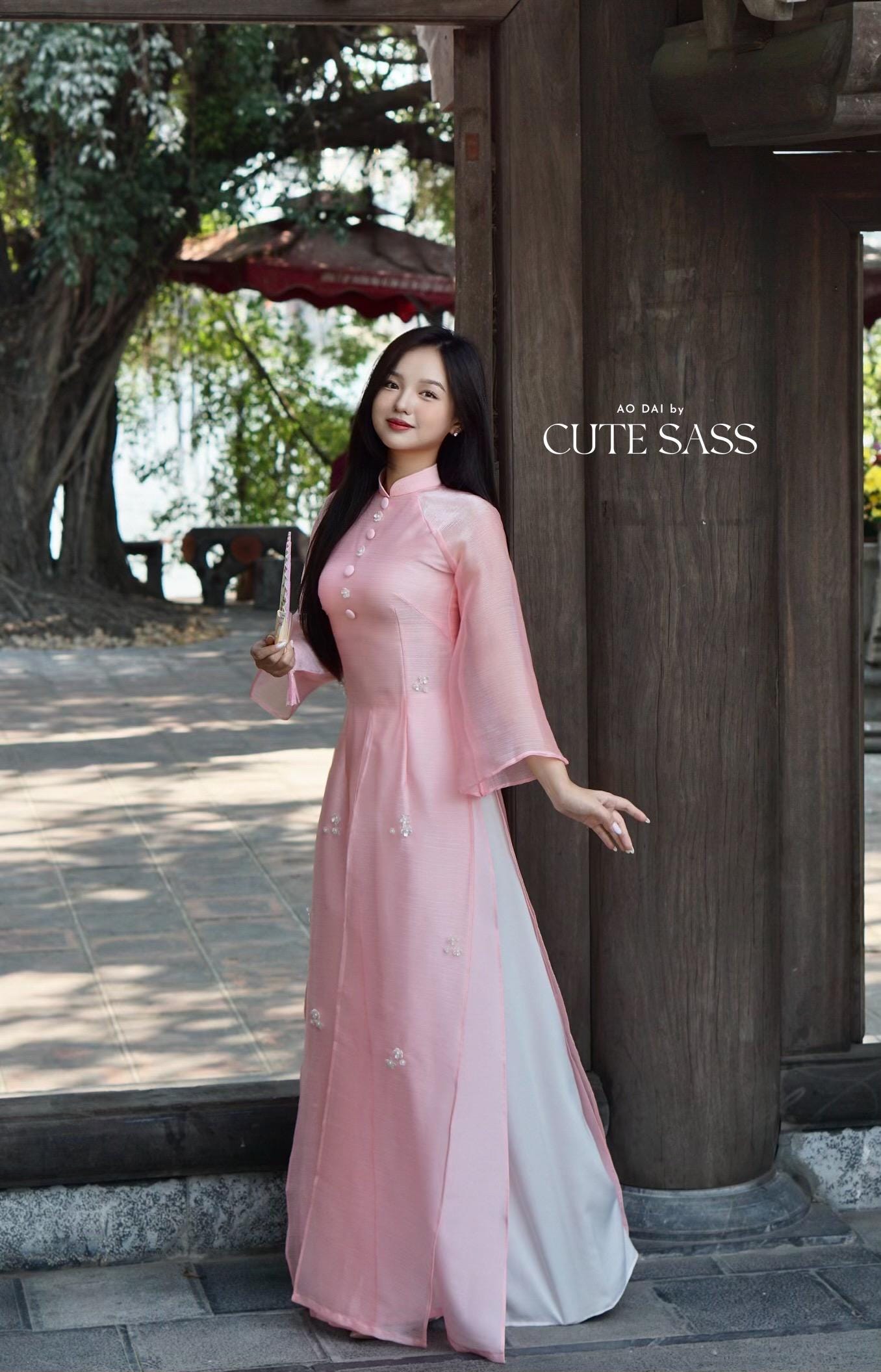Pink Sparkle Button Slit Ao Dai Set |Pre-made Modernized Vietnamese Ao Dai| Ao Dai with Pants | Lunar New Year| Ao Dai Truyen Thong