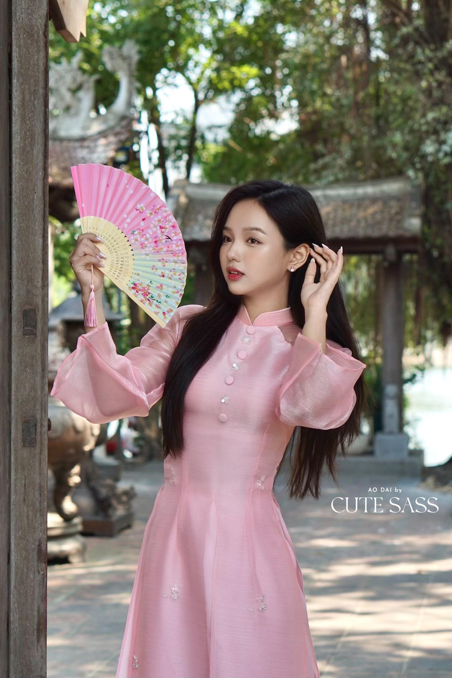 Pink Sparkle Button Slit Ao Dai Set |Pre-made Modernized Vietnamese Ao Dai| Ao Dai with Pants | Lunar New Year| Ao Dai Truyen Thong