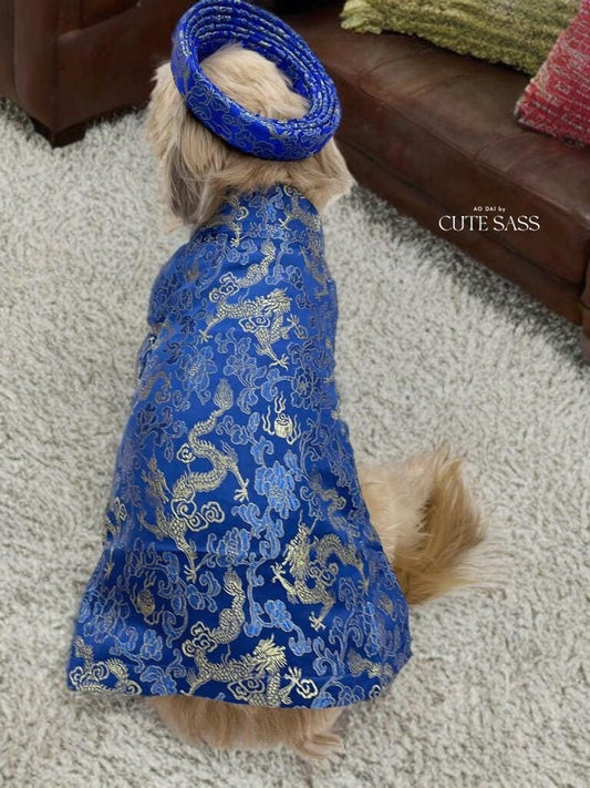 Pet Blue Gam Traditional Ao Dai with Khan Dong (Headband) |Vietnamese Pet Outfit|Cute Dog and Cat Ao Dai|Lunar New Year Pet Clothes|