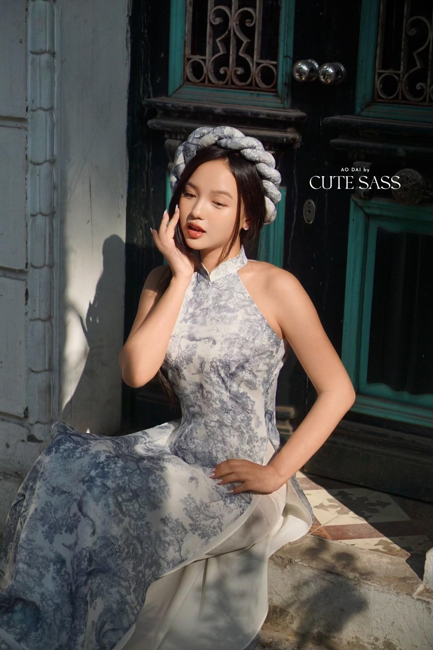 Blue Printed Yem-Inspired Ao Dai Top Only, No Headband, No Scarf FL| Pre-made Modernized Vietnamese Ao Dai| Lunar New Year| Ao Dai Cach Tan