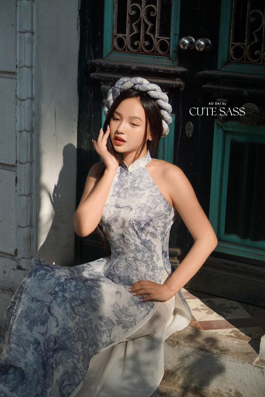 Blue Printed Yem-Inspired Ao Dai Top Only, No Headband, No Scarf FL| Pre-made Modernized Vietnamese Ao Dai| Lunar New Year| Ao Dai Cach Tan