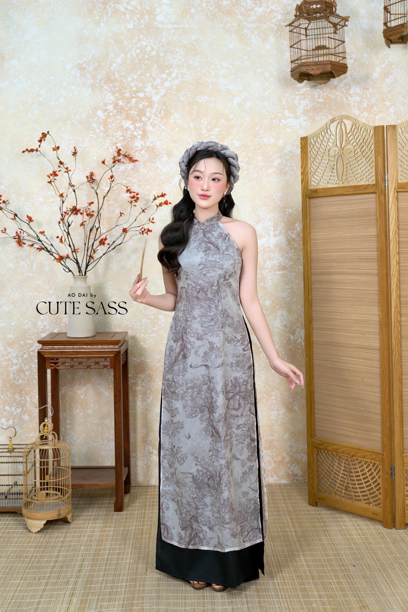 Charcoal Printed Yem-Inspired Ao Dai Top and Headband, No Pants, No Scarf FL