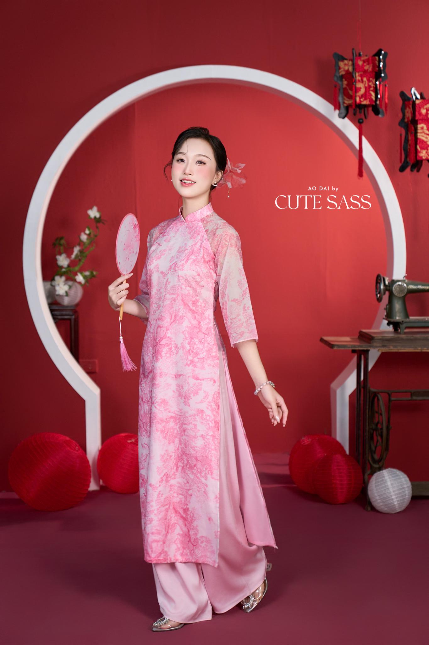 Shifted Pink Printed Chiffon Ao Dai Top Only, NO PANTS 4A| Pre-made Modern Viet Ao Dai| Pastel Ao Dai | Lunar New Year