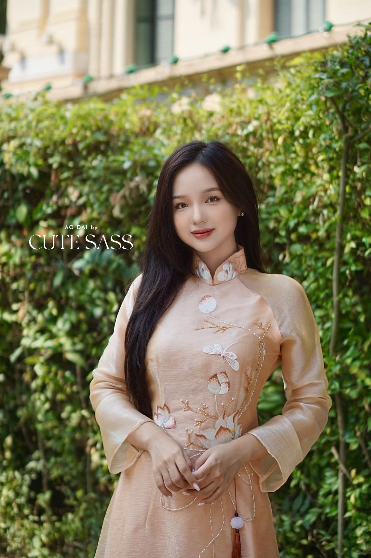 Beige Embroidery Lotus Shiny Chiffon Ao Dai Set