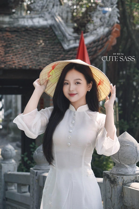 White Sparkle Button Slit Ao Dai Set |Pre-made Modernized Vietnamese Ao Dai| Ao Dai with Pants | Lunar New Year| Ao Dai Truyen Thong