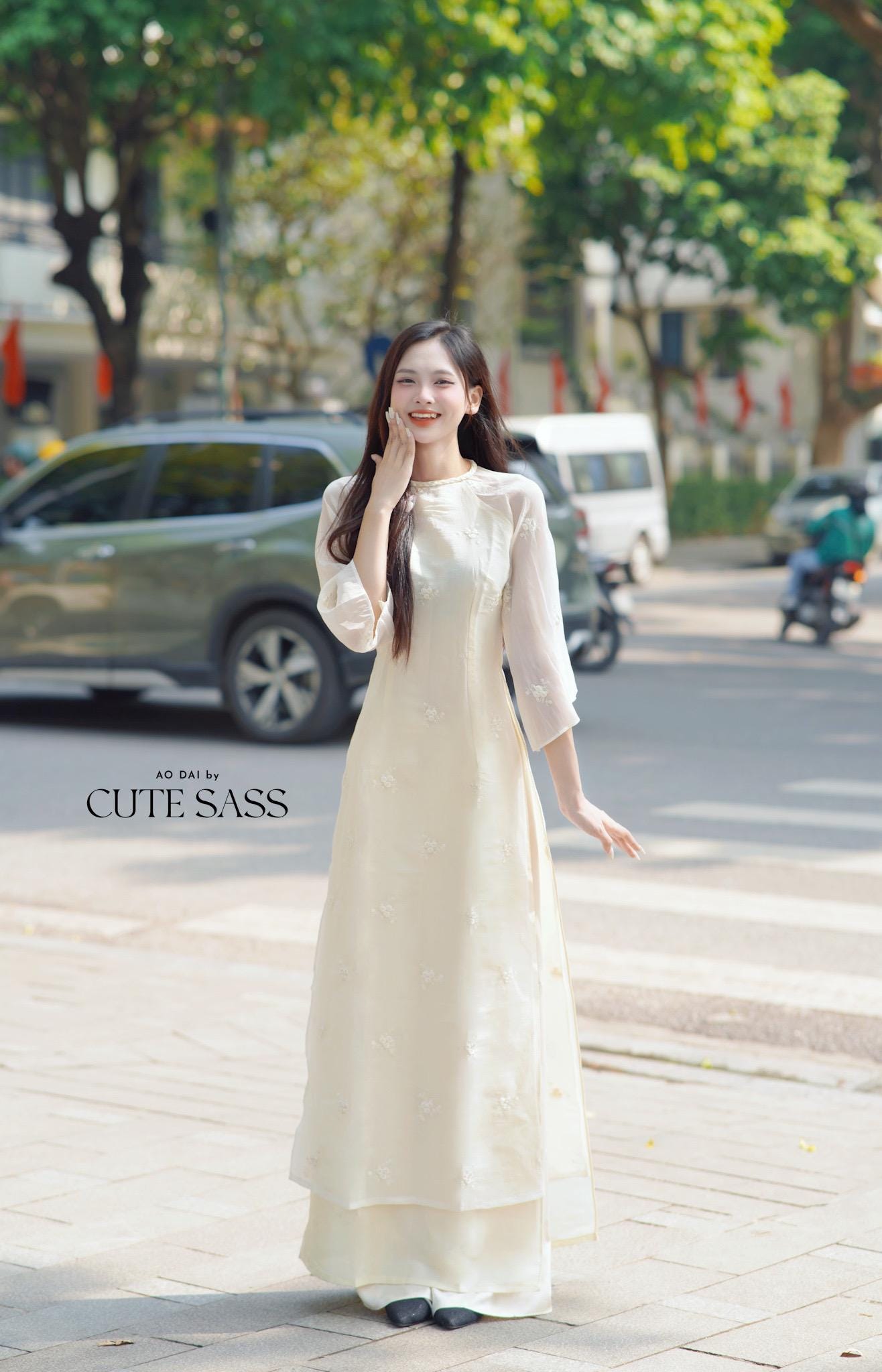 Cream Tassel Embroidery Roses Ao Dai Set 29A|Pre-made Modernized Vietnamese Ao Dai| Women Ao Dai with Pants | Lunar New Year|