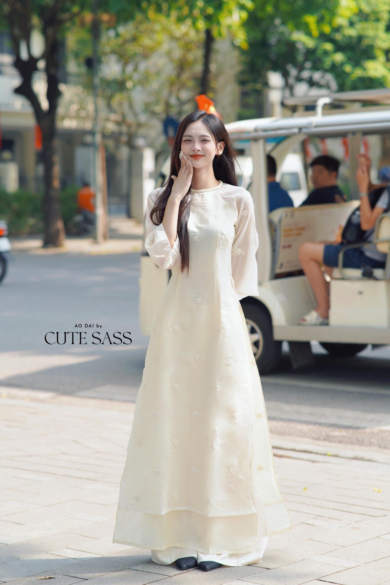 Cream Tassel Embroidery Roses Ao Dai Set 29A|Pre-made Modernized Vietnamese Ao Dai| Women Ao Dai with Pants | Lunar New Year|
