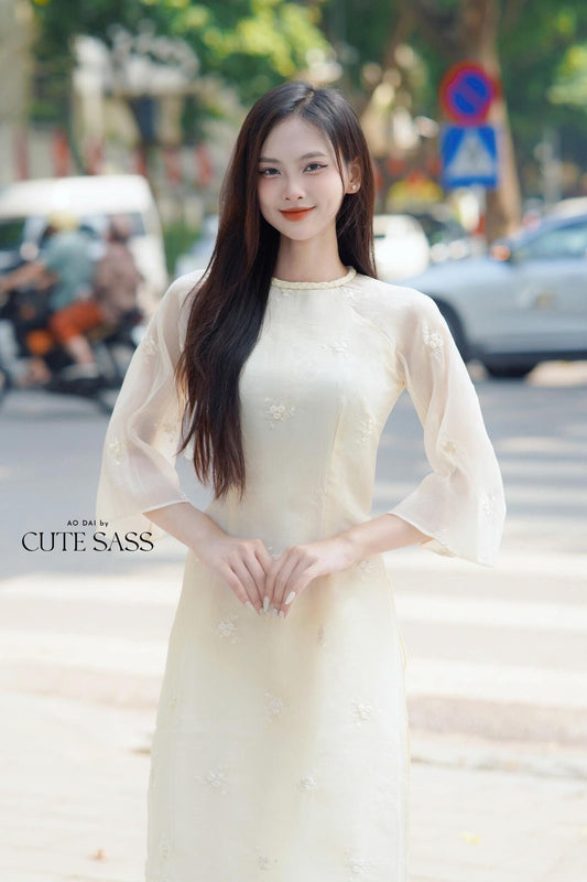 Cream Tassel Embroidery Roses Ao Dai Set 29A|Pre-made Modernized Vietnamese Ao Dai| Women Ao Dai with Pants | Lunar New Year|