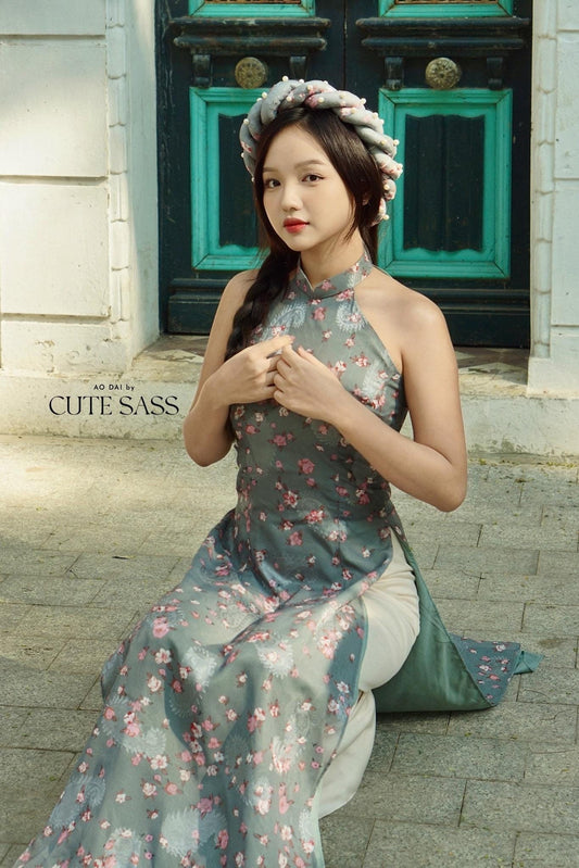 Green Chiffon Floral Yem-Inspired Ao Dai Top and Headband, No Pants, No Scarf FL| Pre-made Modernized Vietnamese Ao Dai| Lunar New Year