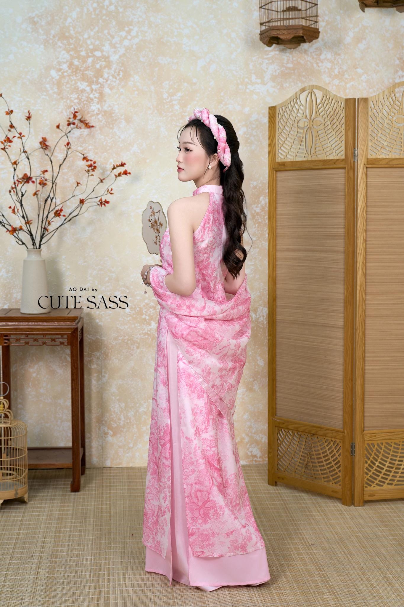 Pink Printed Yem-Inspired Ao Dai Top and Headband, No Pants, No Scarf FL
