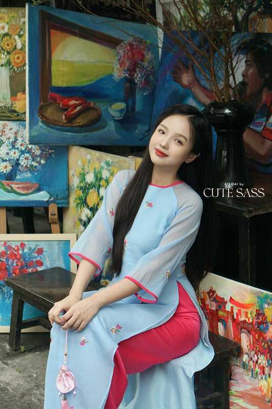 Shifted Blue Sakura Ao Dai Top with Hot Pink Pants 21-22B|Pre-made Modernized Vietnamese Ao Dai|Pastel Ao Dai |Lunar New Year|