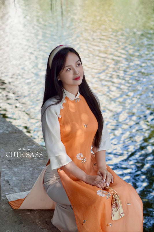 Shifted Orange Dahlia Ao Dai Top Only, NO PANTS |Pre-made Modernized Vietnamese Ao Dai|Pastel Ao Dai |Lunar New Year|