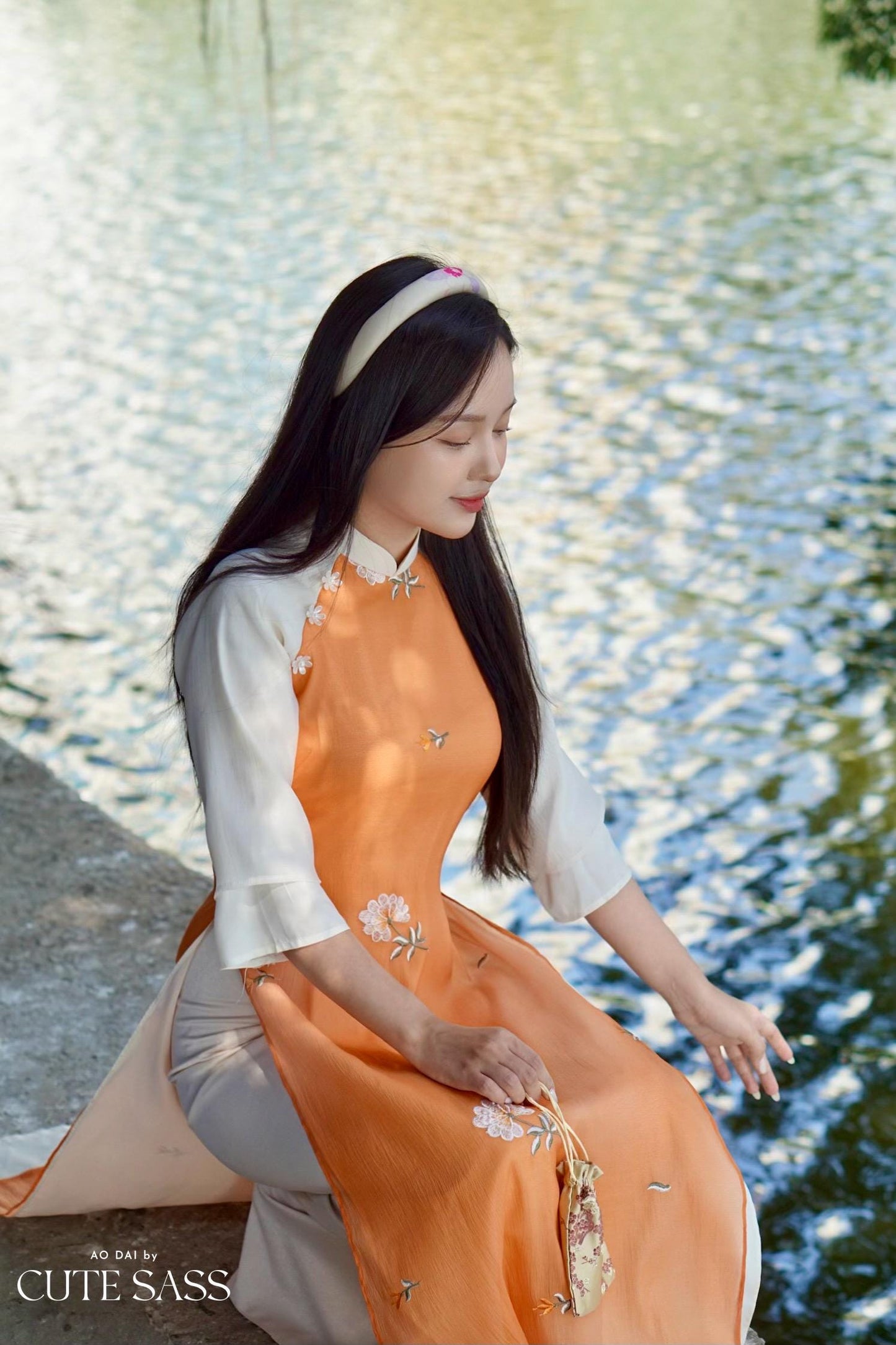 Shifted Orange Dahlia Ao Dai Top Only, NO PANTS |Pre-made Modernized Vietnamese Ao Dai|Pastel Ao Dai |Lunar New Year|