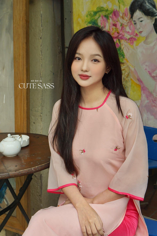 Shifted Pink Sakura Ao Dai Top with Hot Pink Pants 21-22B|Pre-made Modernized Vietnamese Ao Dai|Pastel Ao Dai |Lunar New Year|