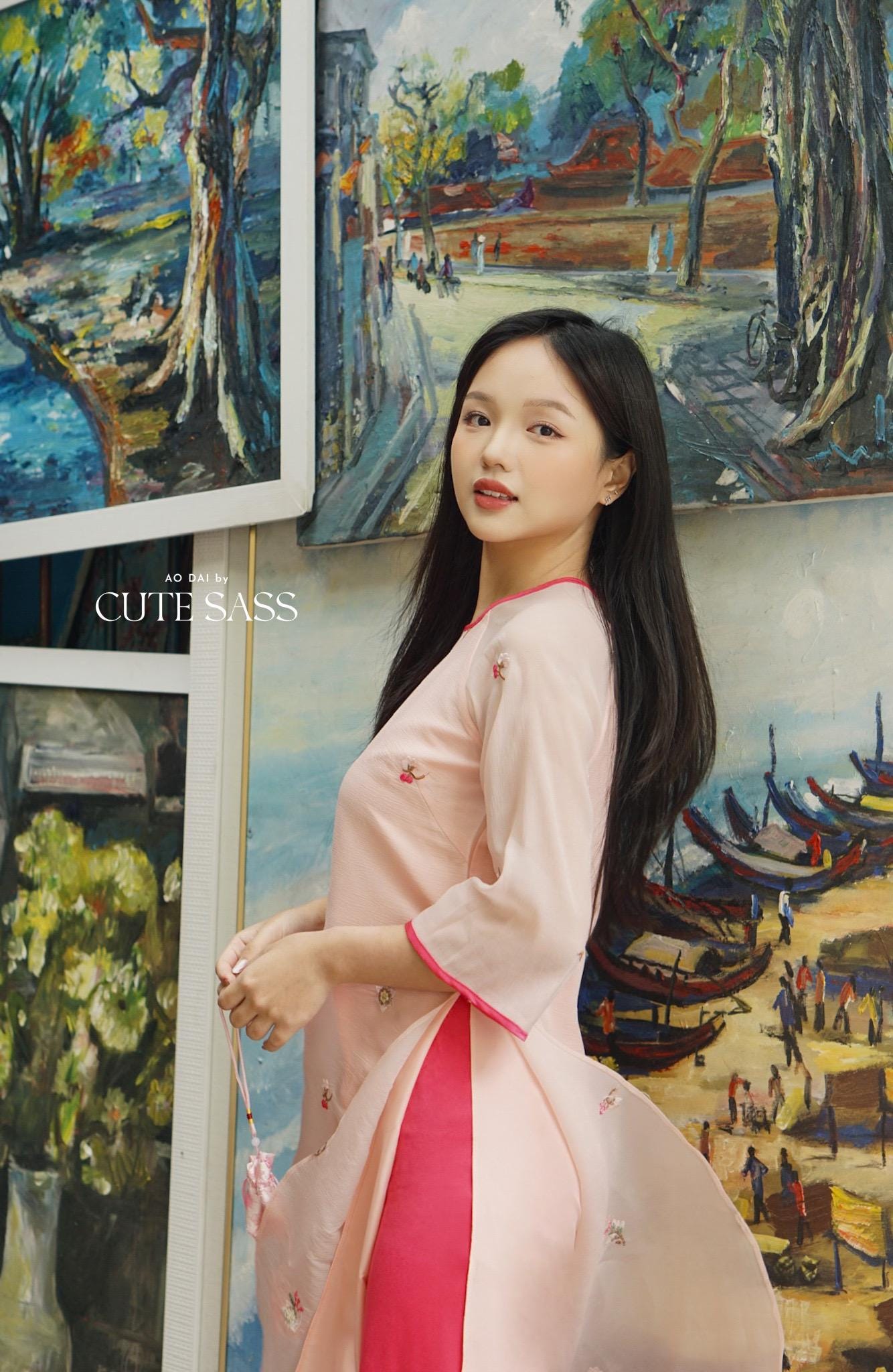 Shifted Pink Sakura Ao Dai Top with Hot Pink Pants 21-22B|Pre-made Modernized Vietnamese Ao Dai|Pastel Ao Dai |Lunar New Year|