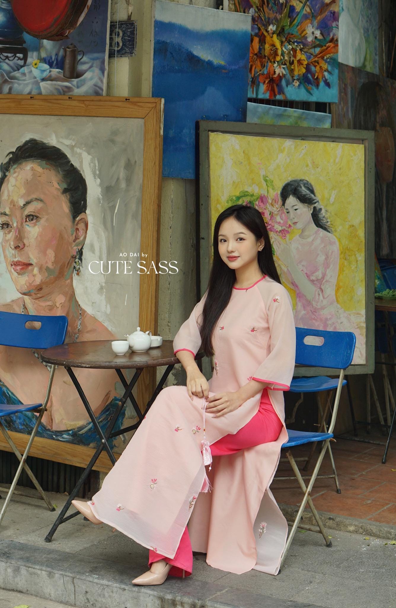 Shifted Pink Sakura Ao Dai Top with Hot Pink Pants 21-22B|Pre-made Modernized Vietnamese Ao Dai|Pastel Ao Dai |Lunar New Year|