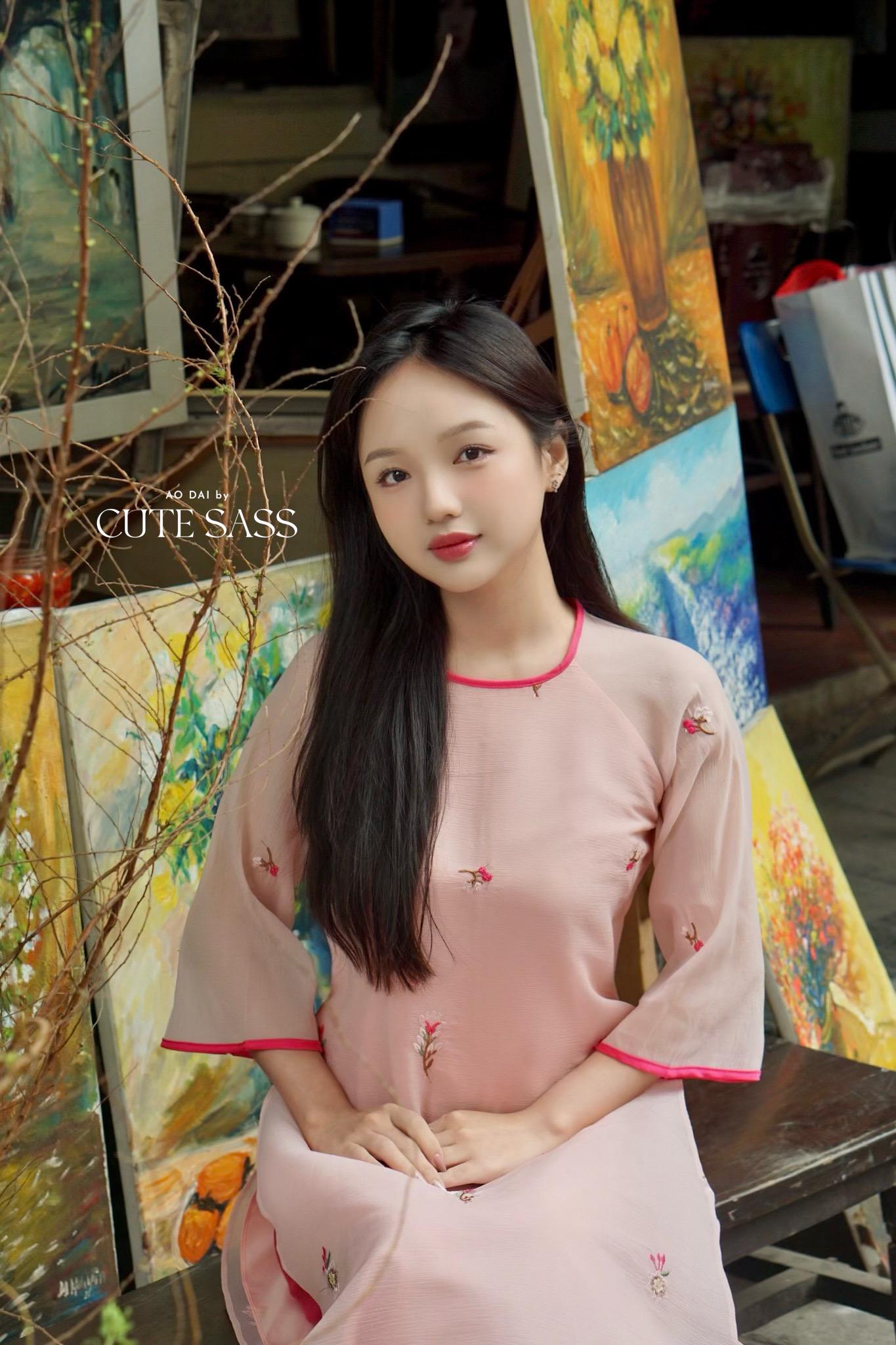 Shifted Pink Sakura Ao Dai Top with Hot Pink Pants 21-22B|Pre-made Modernized Vietnamese Ao Dai|Pastel Ao Dai |Lunar New Year|