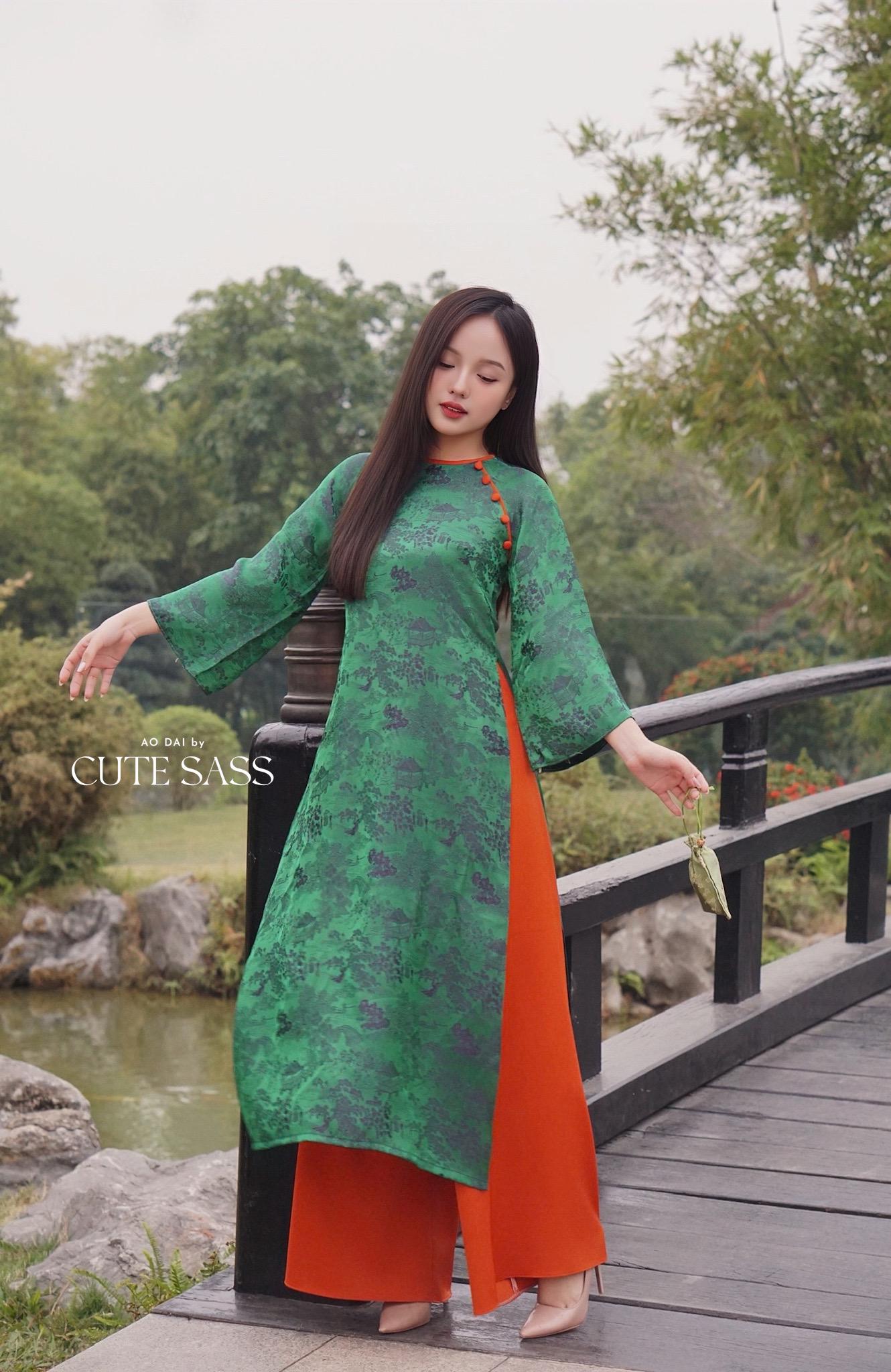 Dark Green Tu Minh Pattern Silk with Buttons Ao Dai Set 12-13B|Pre-made Modernized Vietnamese Ao Dai with Pants | Lunar New Year |