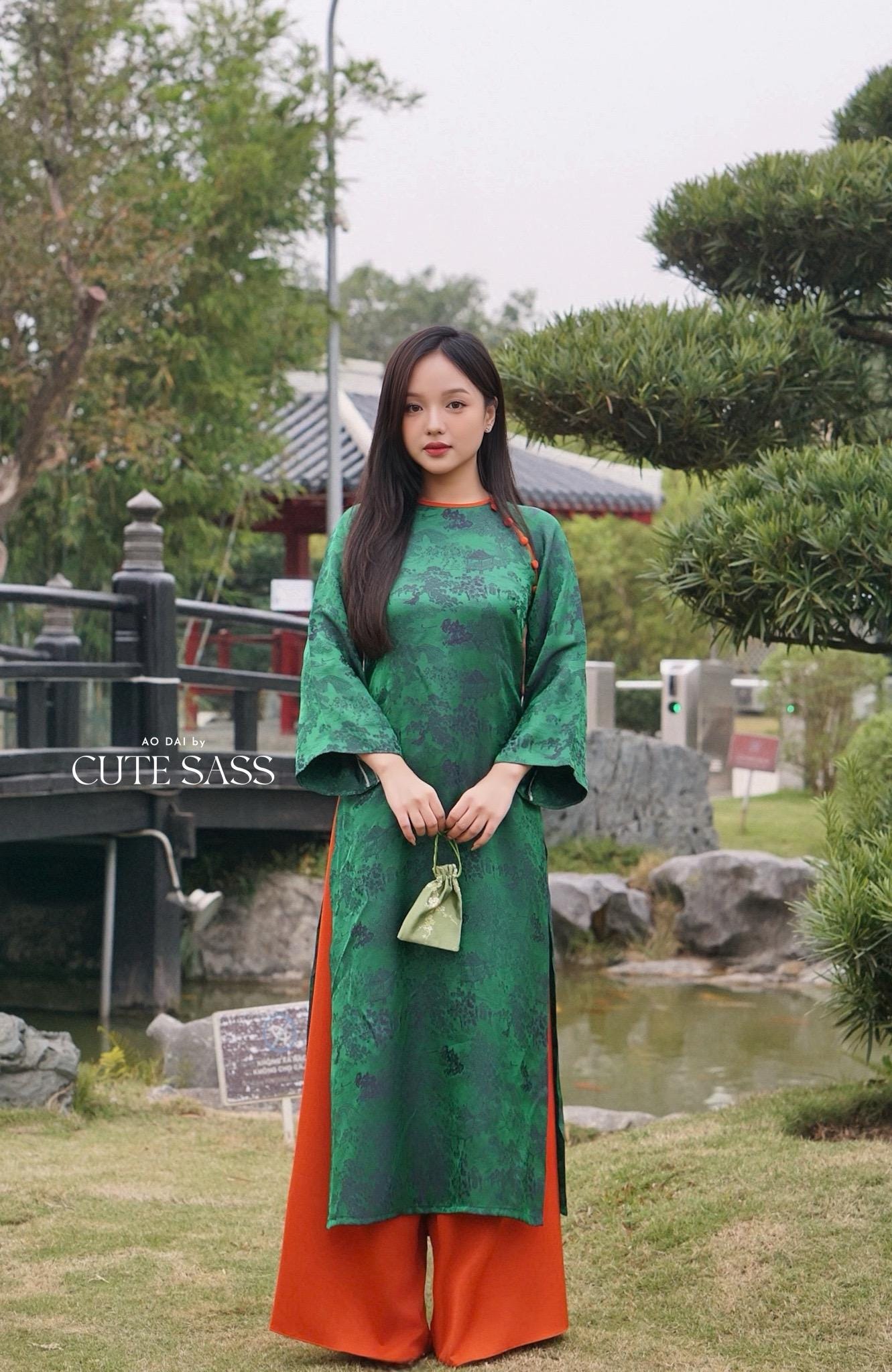 Dark Green Tu Minh Pattern Silk with Buttons Ao Dai Set 12-13B|Pre-made Modernized Vietnamese Ao Dai with Pants | Lunar New Year |