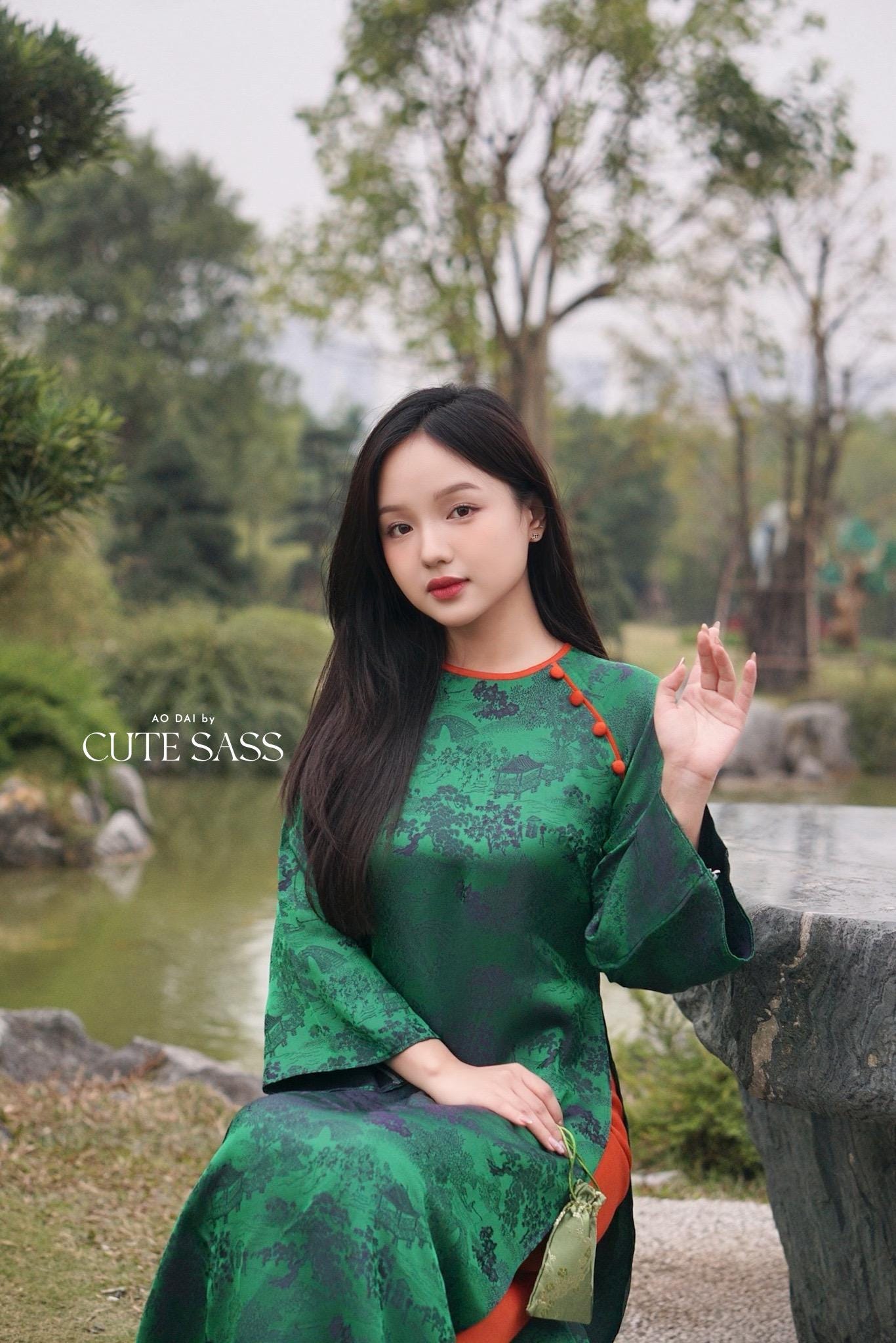 Dark Green Tu Minh Pattern Silk with Buttons Ao Dai Set 12-13B|Pre-made Modernized Vietnamese Ao Dai with Pants | Lunar New Year |