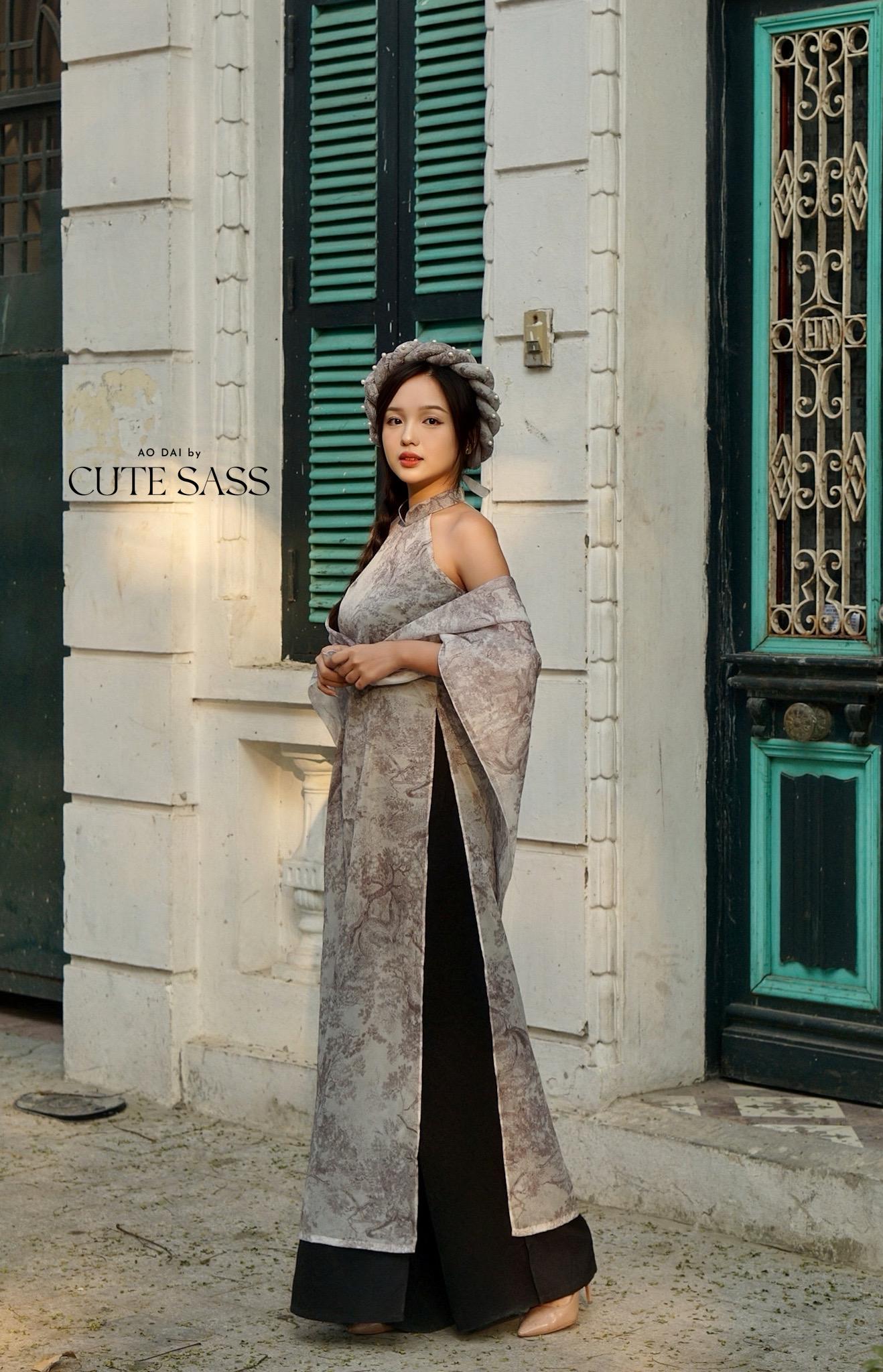 Charcoal Printed Yem-Inspired Ao Dai Top and Headband, No Pants, No Scarf FL