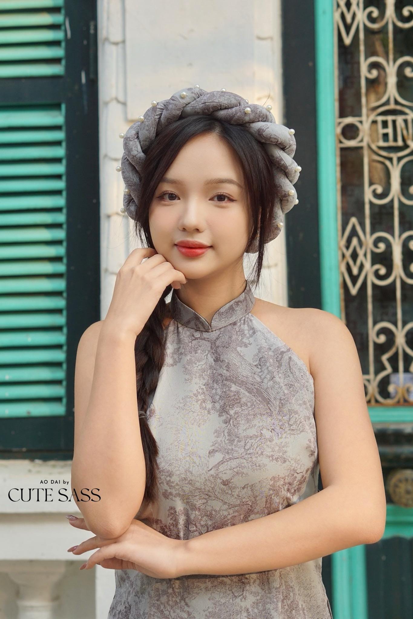 Charcoal Printed Yem-Inspired Ao Dai Top and Headband, No Pants, No Scarf FL