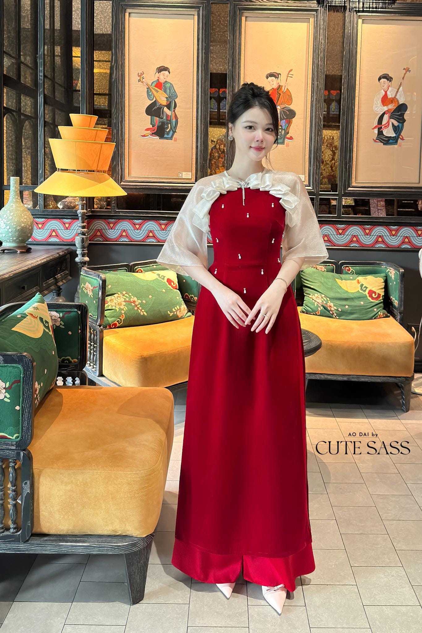 Huyen Mi - Red Hard Velvet Bow Ao Dai Set 35B|Pre-made Traditional Vietnamese Women Ao Dai with Pants | Lunar New Year|Ao Dai Cach Tan