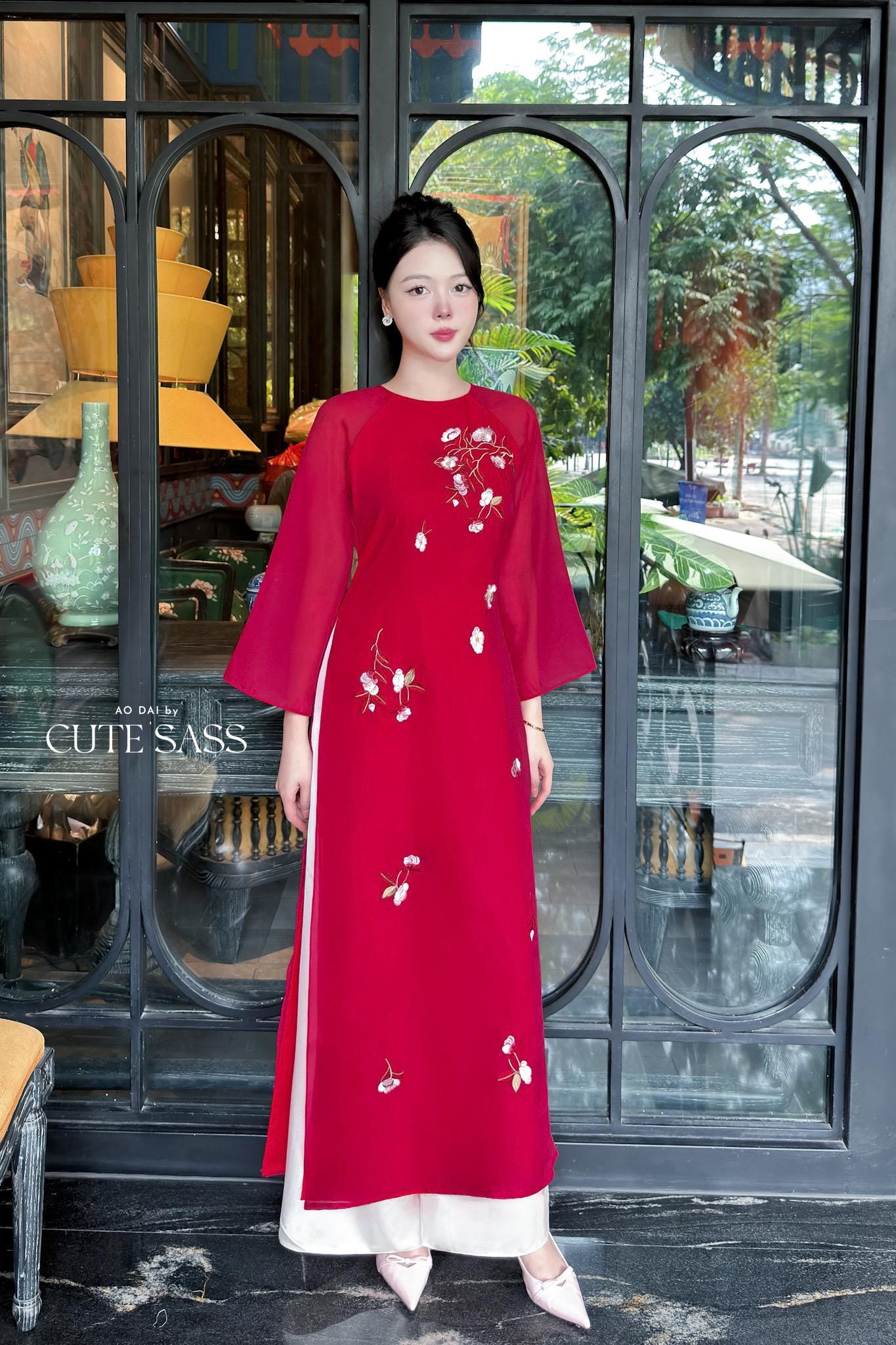 Nhien Ha - Red Embroidery Carnation Ao Dai Set