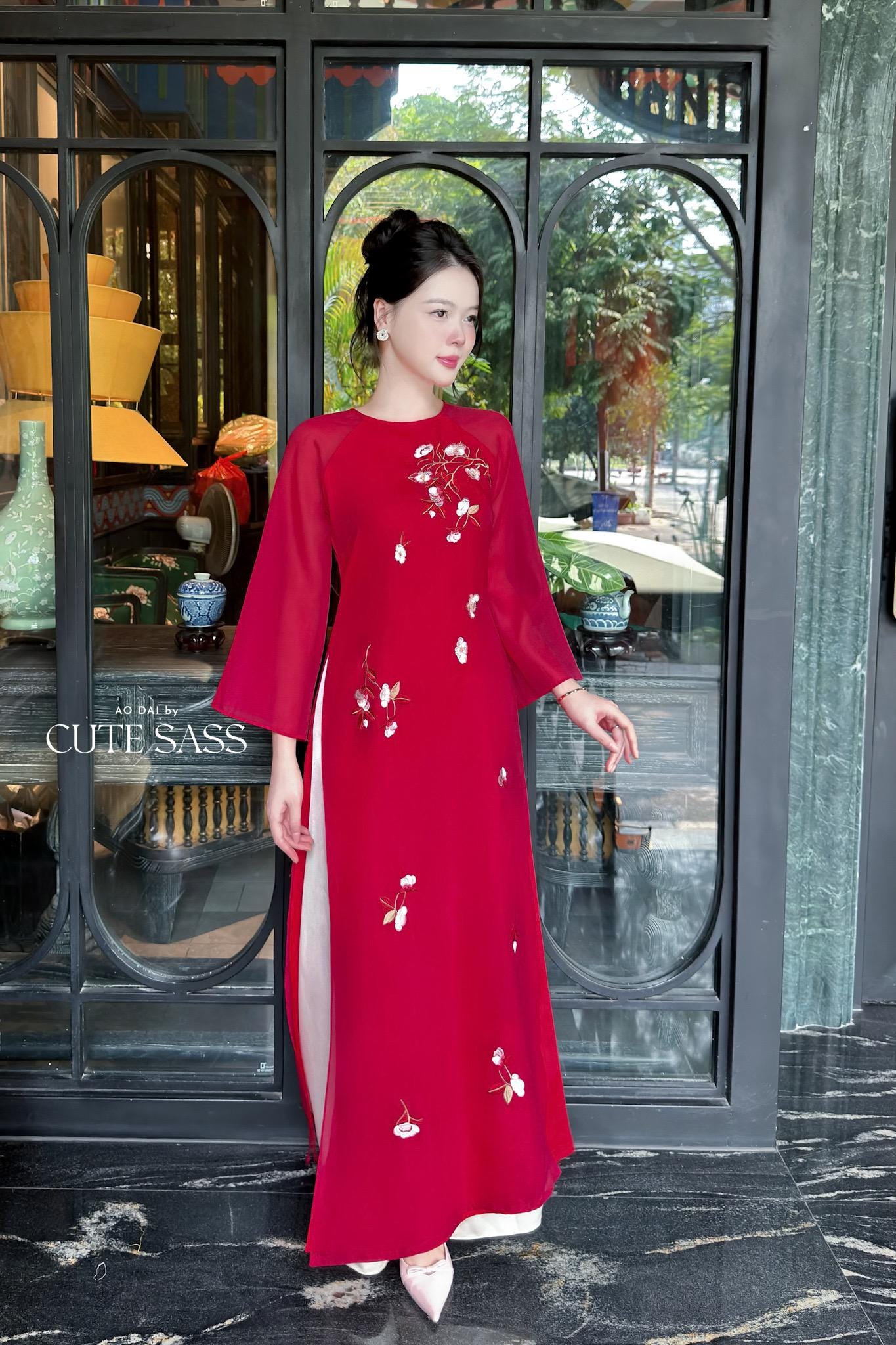 Nhien Ha - Red Embroidery Carnation Ao Dai Set