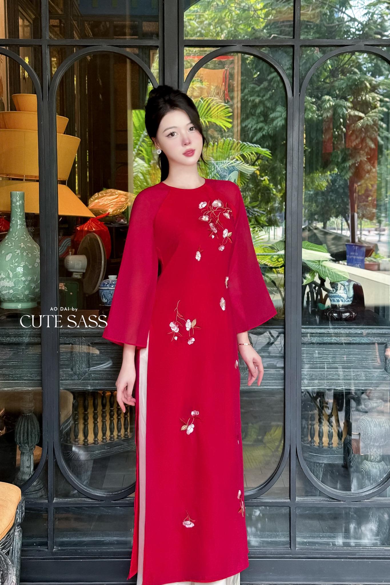 Nhien Ha - Red Embroidery Carnation Ao Dai Set
