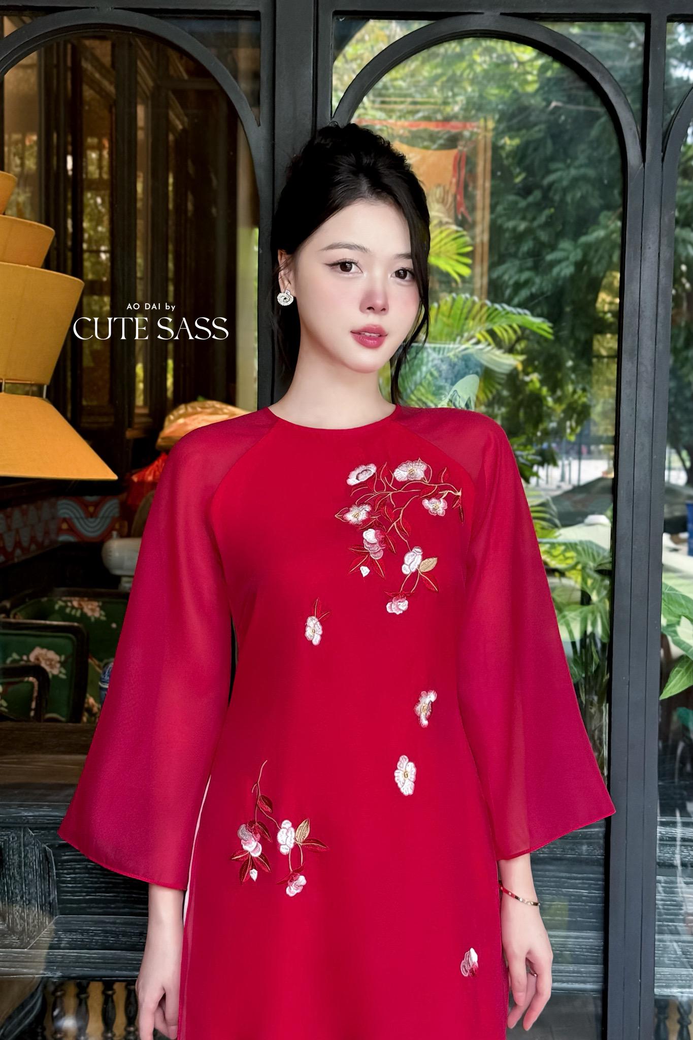 Nhien Ha - Red Embroidery Carnation Ao Dai Set