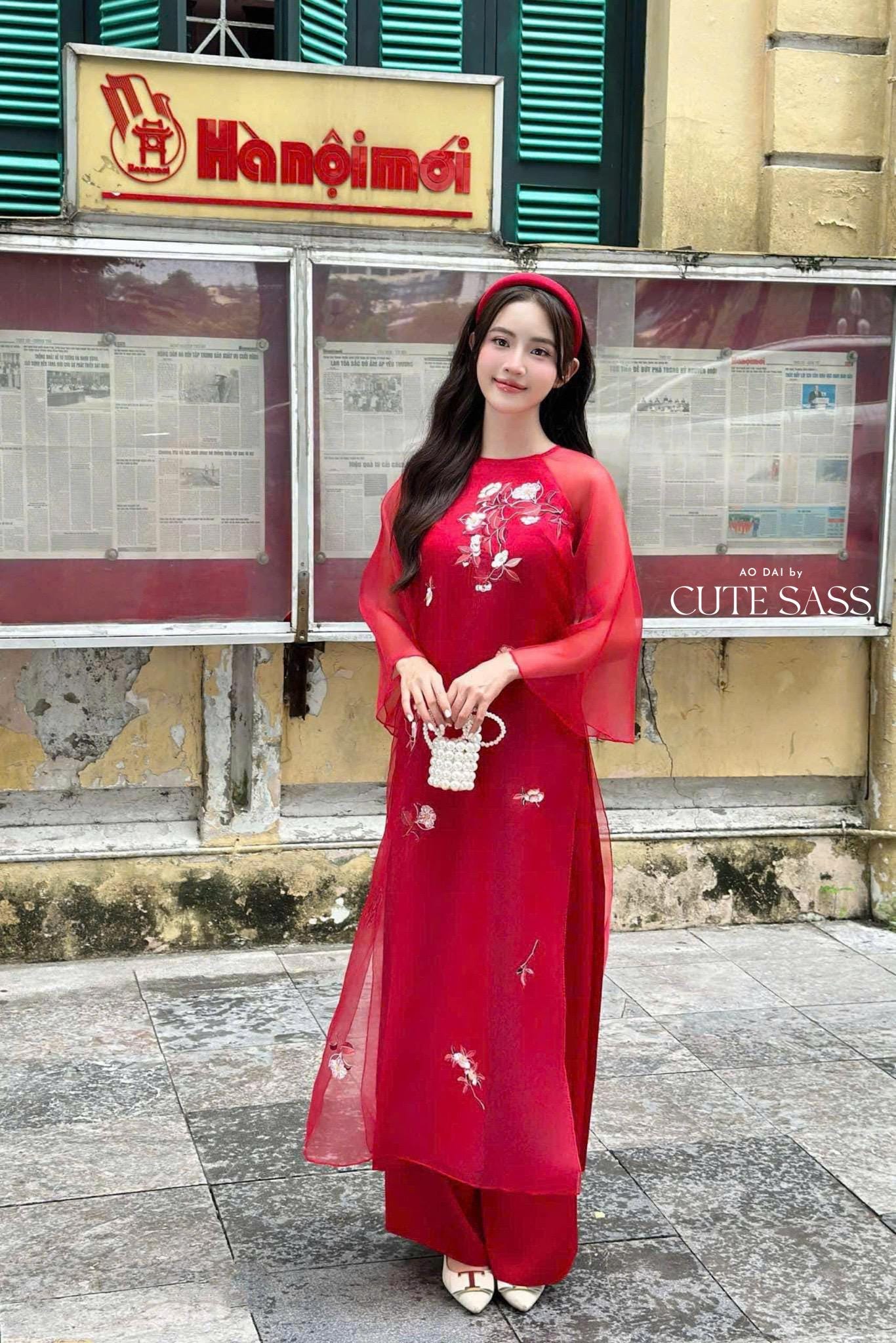 Nhien Ha - Red Embroidery Carnation Ao Dai Set