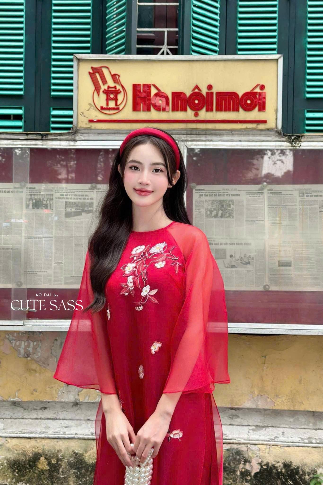 Nhien Ha - Red Embroidery Carnation Ao Dai Set