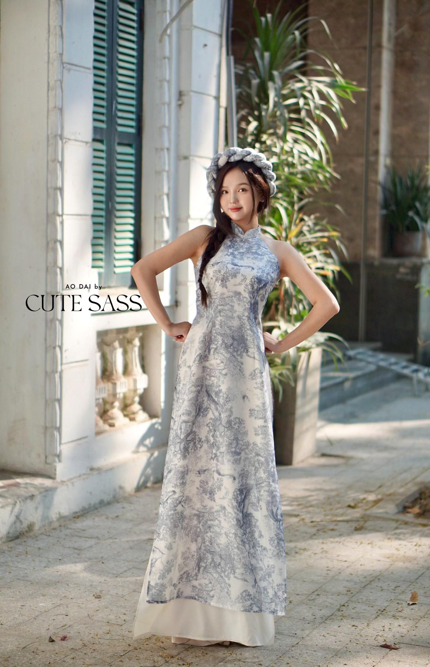 Blue Printed Yem-Inspired Ao Dai Top Only, No Headband, No Scarf FL| Pre-made Modernized Vietnamese Ao Dai| Lunar New Year| Ao Dai Cach Tan