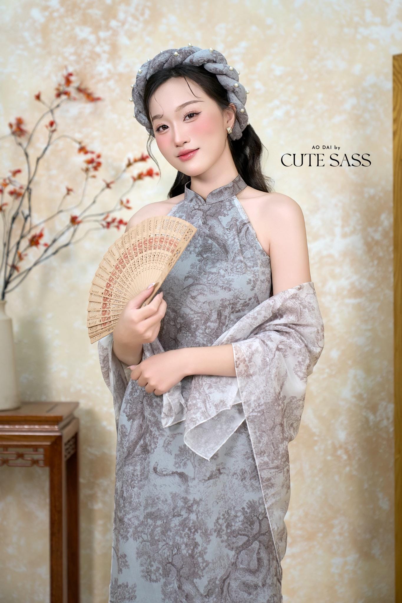 Charcoal Printed Yem-Inspired Ao Dai Top and Headband, No Pants, No Scarf FL