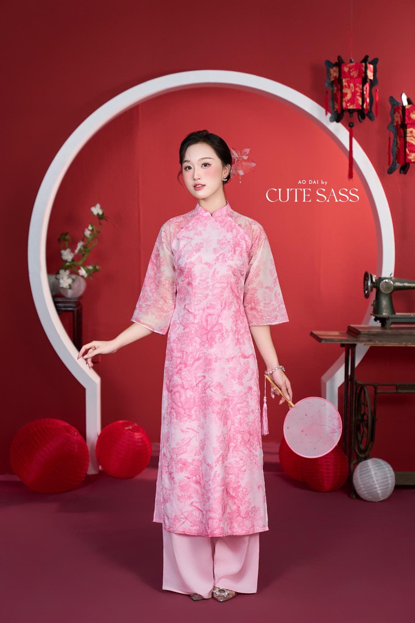 Shifted Pink Printed Chiffon Ao Dai Top Only, NO PANTS 4A| Pre-made Modern Viet Ao Dai| Pastel Ao Dai | Lunar New Year