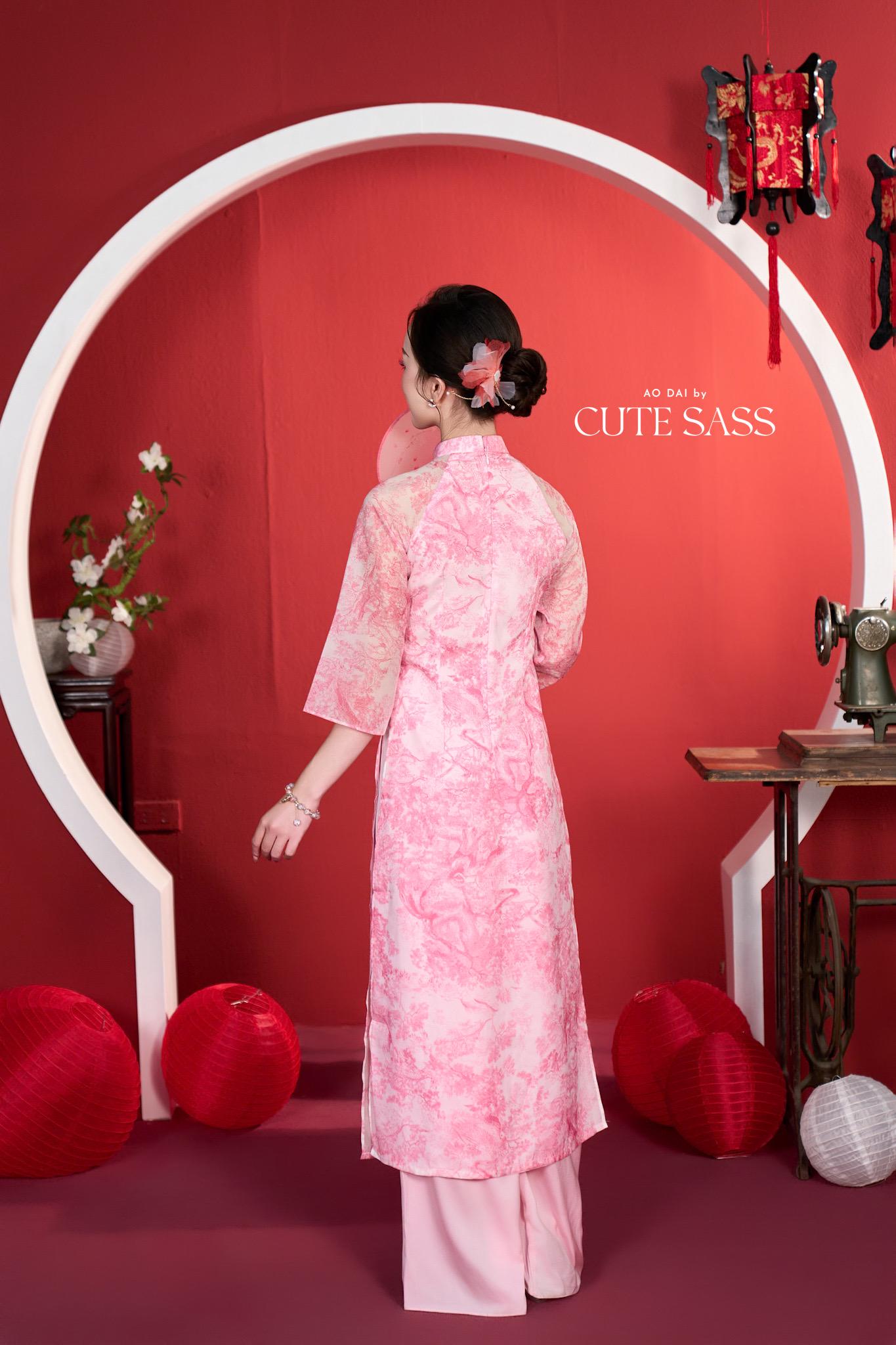 Shifted Pink Printed Chiffon Ao Dai Top Only, NO PANTS 4A| Pre-made Modern Viet Ao Dai| Pastel Ao Dai | Lunar New Year