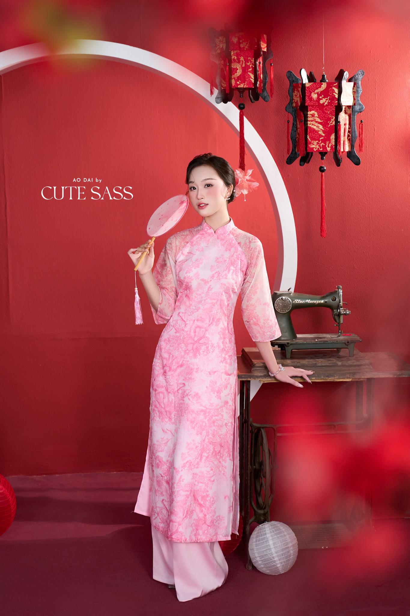 Shifted Pink Printed Chiffon Ao Dai Top Only, NO PANTS 4A| Pre-made Modern Viet Ao Dai| Pastel Ao Dai | Lunar New Year
