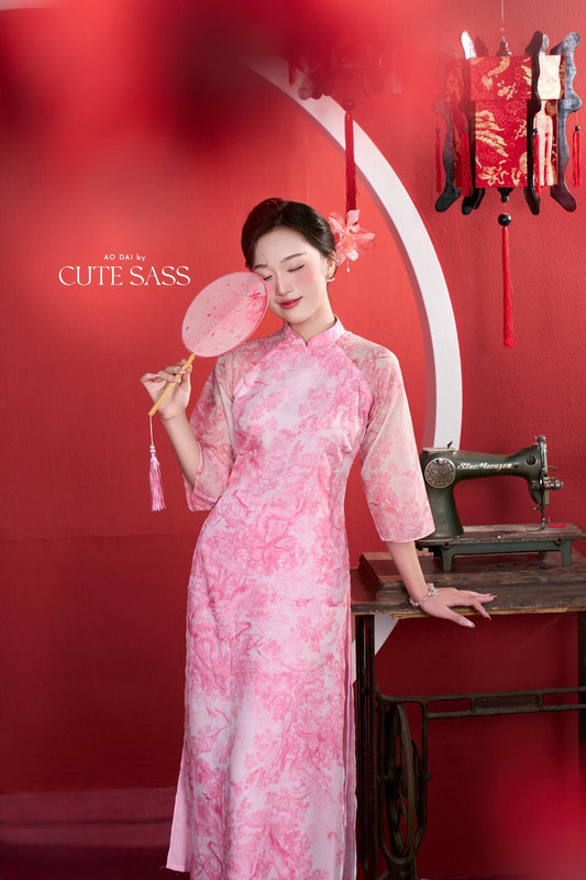 Shifted Pink Printed Chiffon Ao Dai Top Only, NO PANTS 4A| Pre-made Modern Viet Ao Dai| Pastel Ao Dai | Lunar New Year