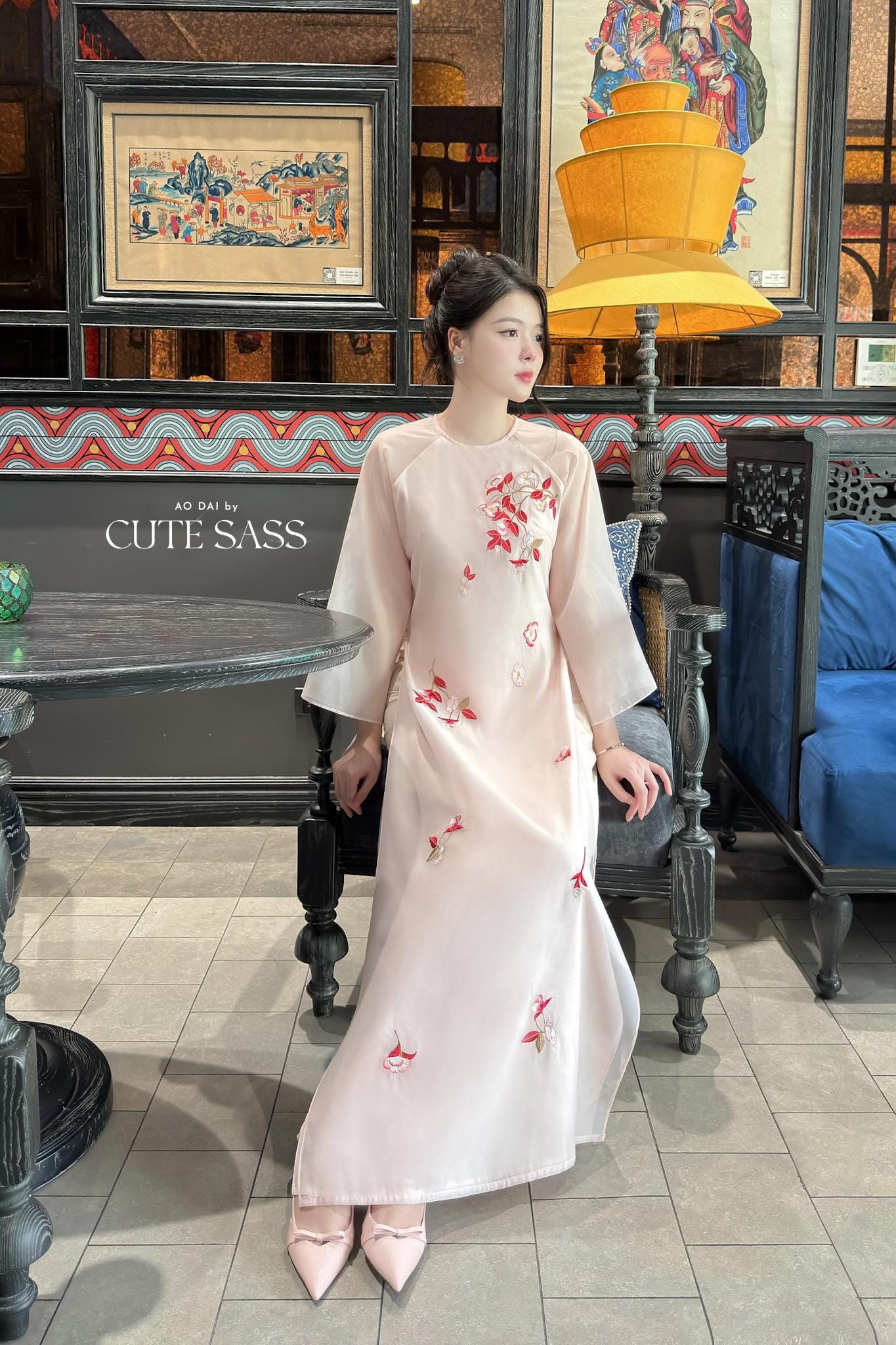 Nhien Ha - Pink Embroidery Carnation Ao Dai Set 23D|Pre-made Traditional Vietnamese Women Ao Dai with Pants|Lunar New Year|Ao Dai Cach Tan
