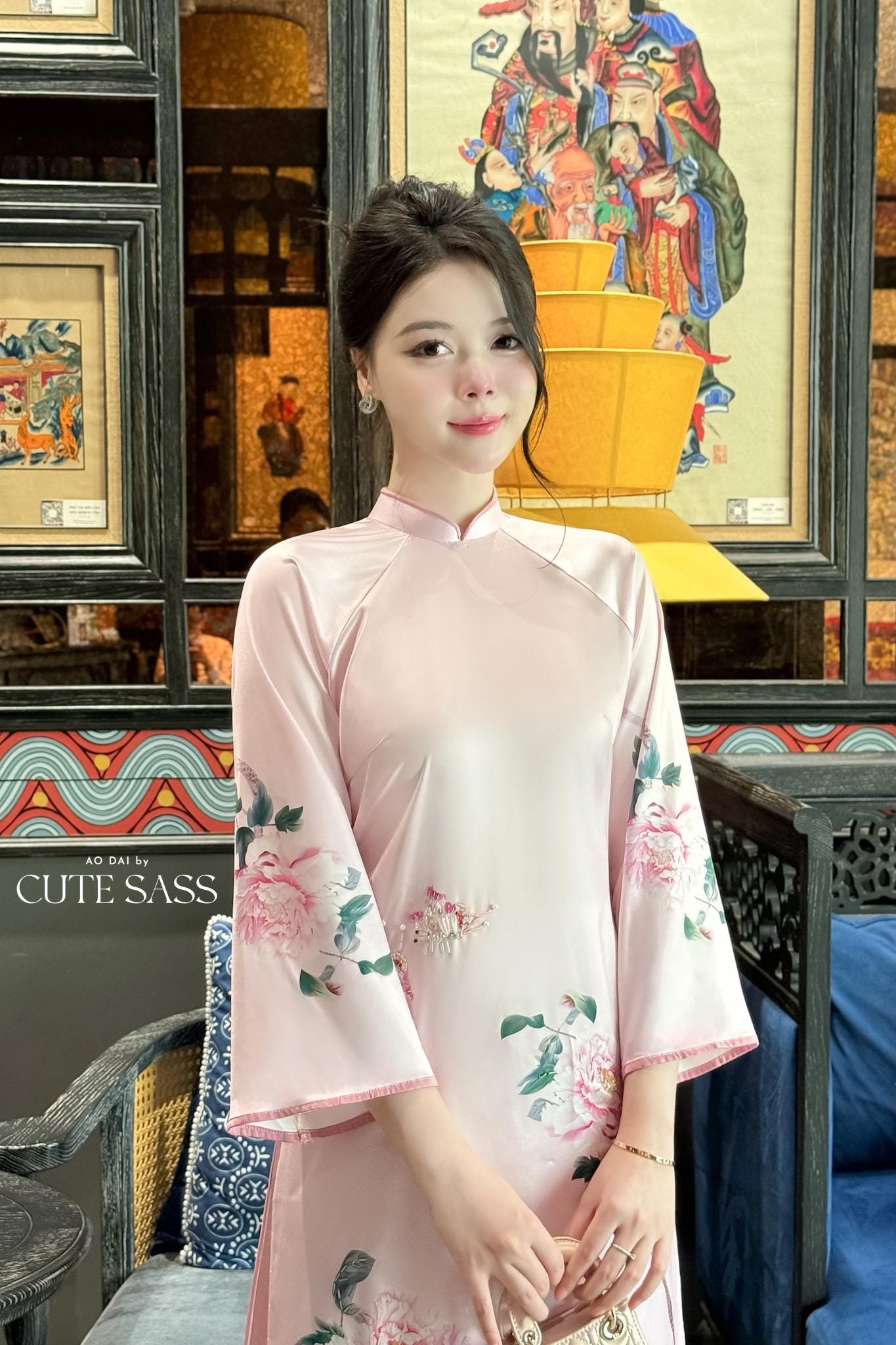 Nhien Ha - Pink Printed Peony Ao Dai Set 22C|Pre-made Traditional Vietnamese Women Ao Dai with Pants|Lunar New Year|Ao Dai Cach Tan